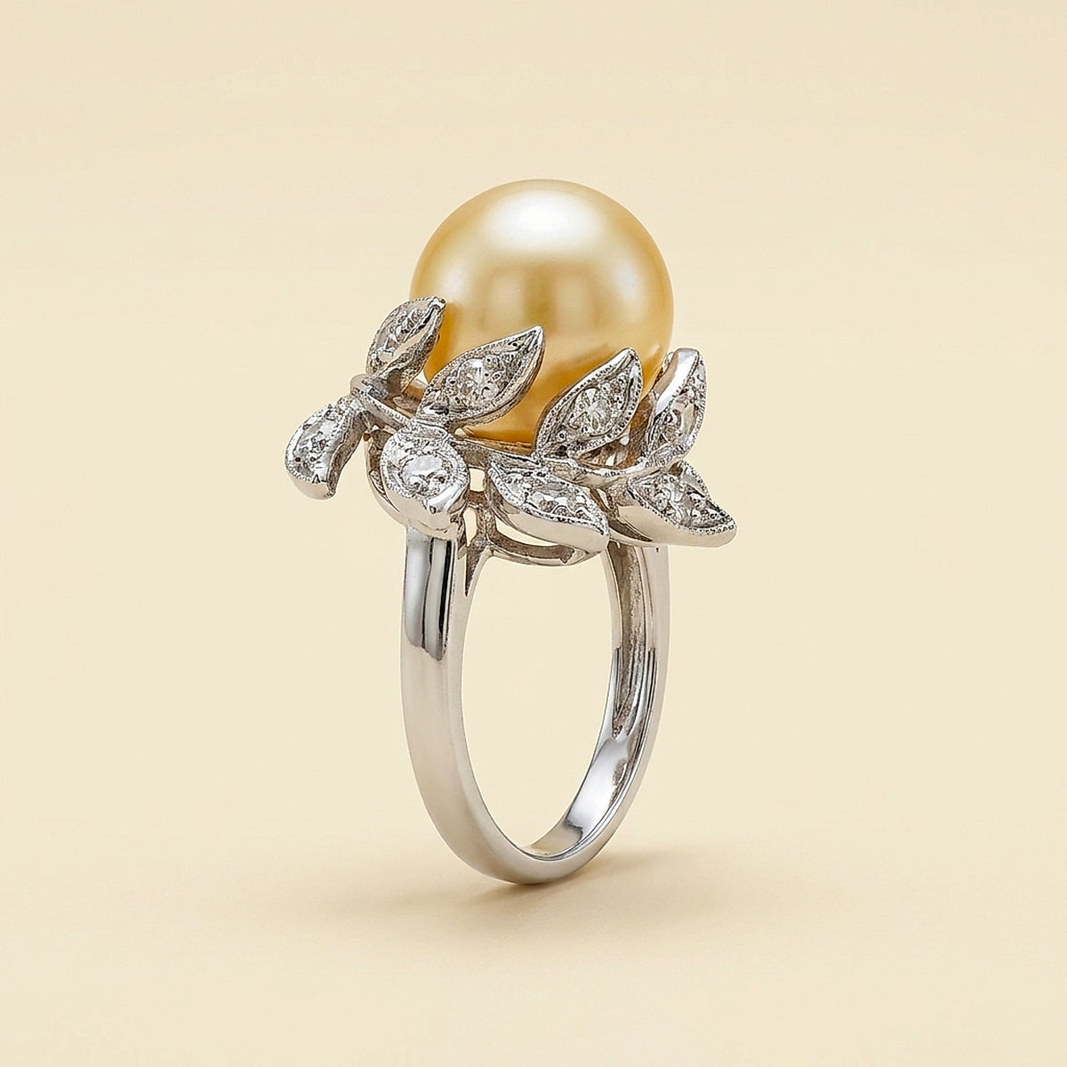 14K White Gold Cultured Pearl and Diamond Branch Ring