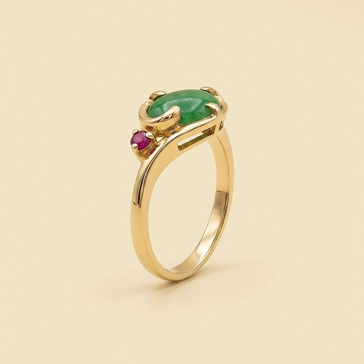 10K Yellow Gold Jade and Ruby Leaf Motif Ring