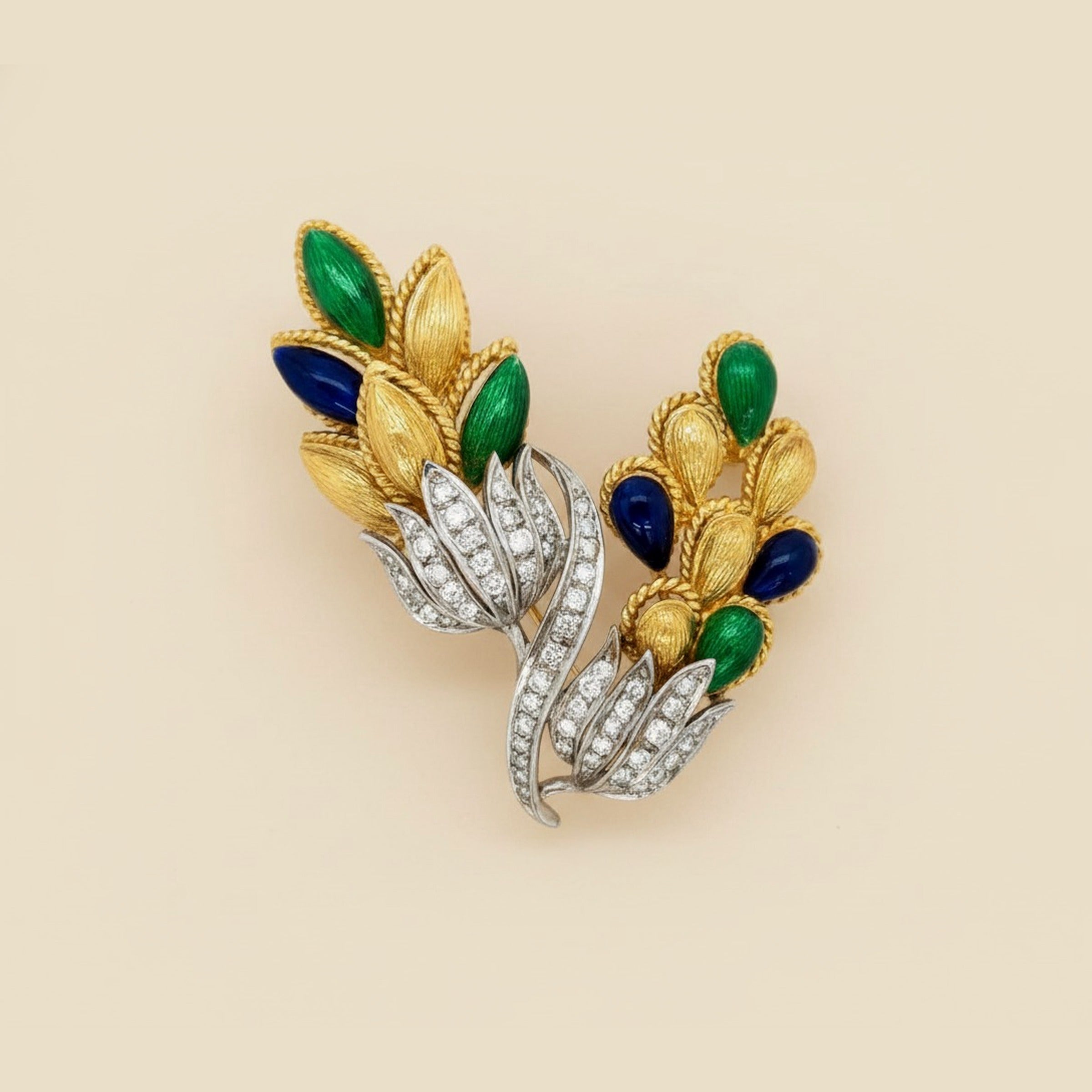Two Tone 18k Diamond & Enamel Brooch