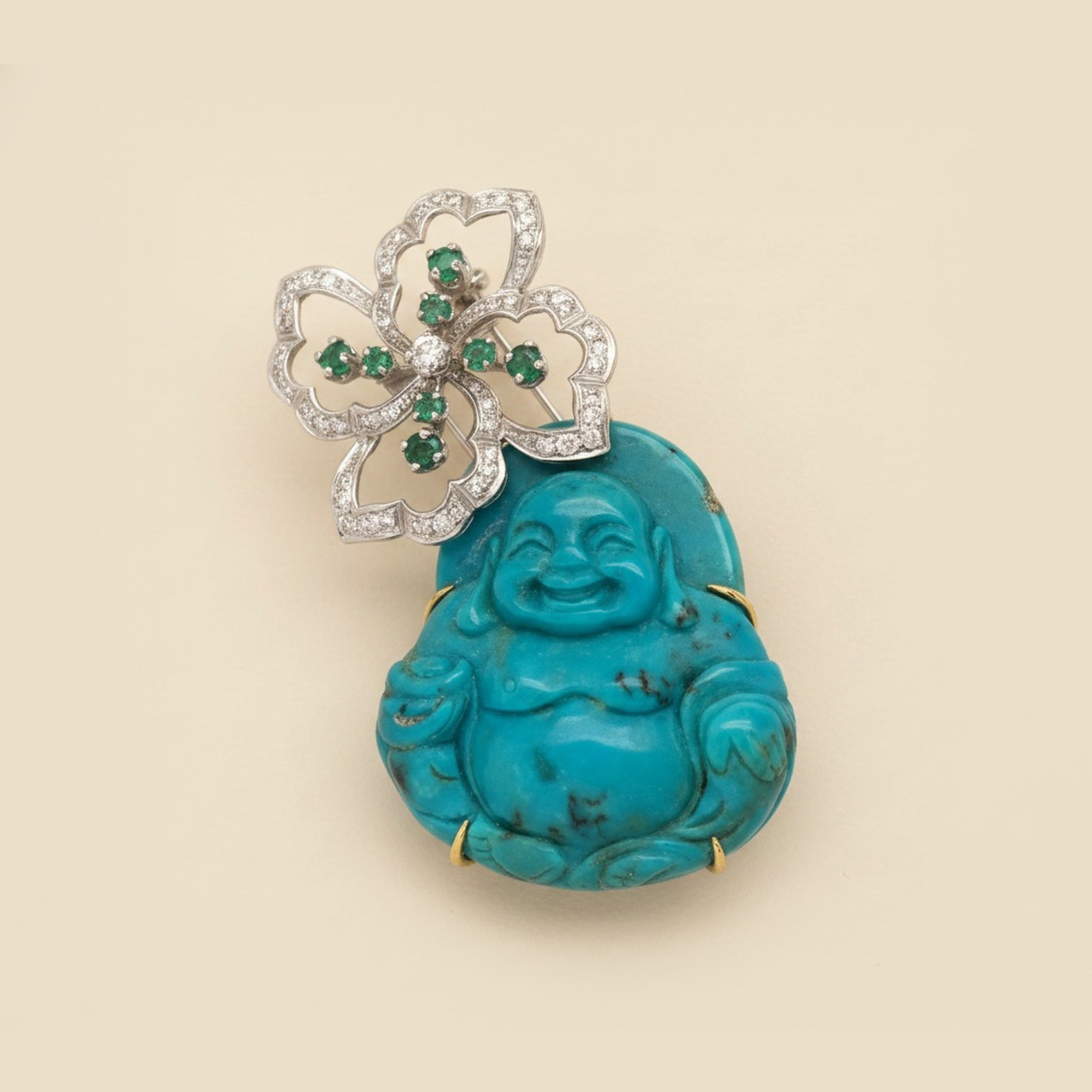 Two Tone Gold, Emerald, Diamond, and Carved Turquoise Buddah Brooch