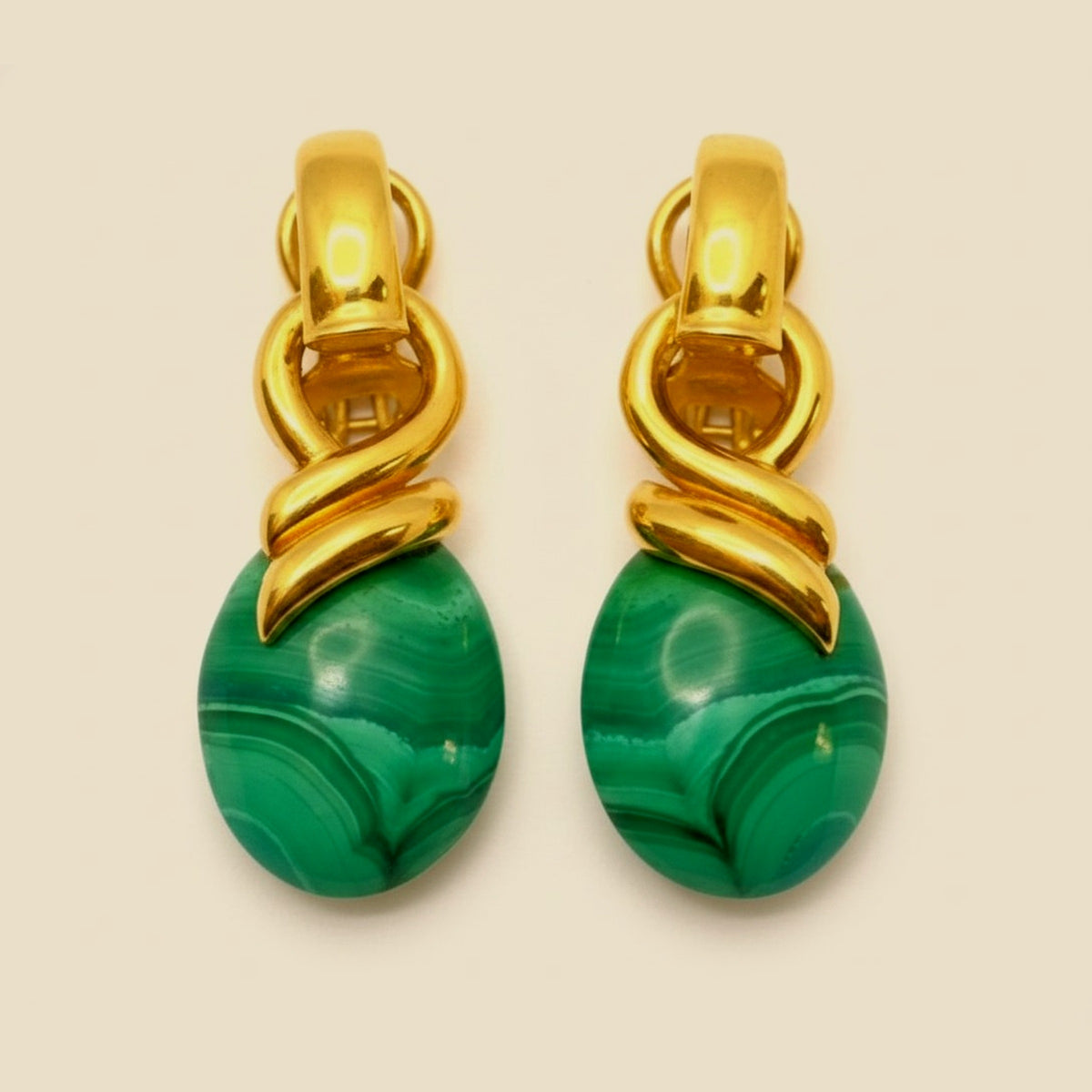 Heavy Yellow Gold Lapis Lazuli or Malachite Dangling Earrings