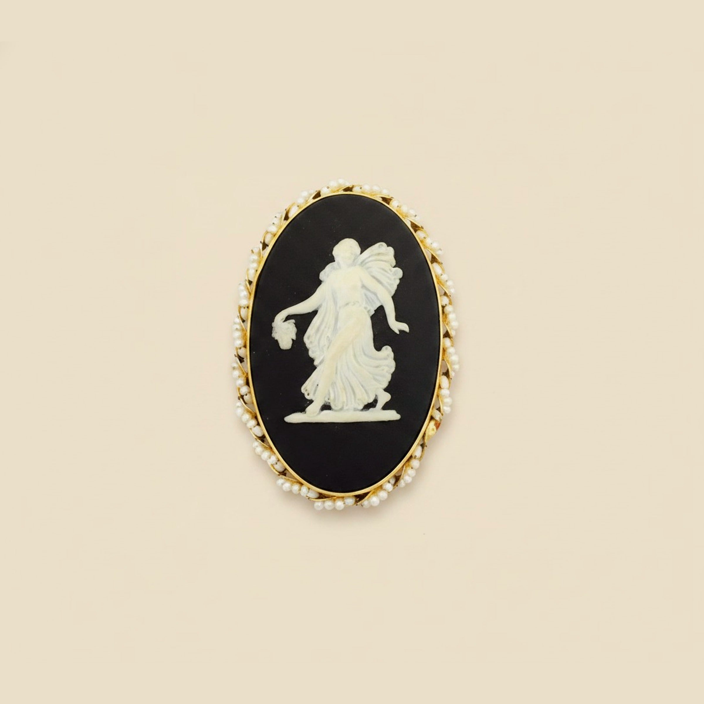 Wedgewood Cameo on Decorative Yellow Gold Seed Pearl Frame