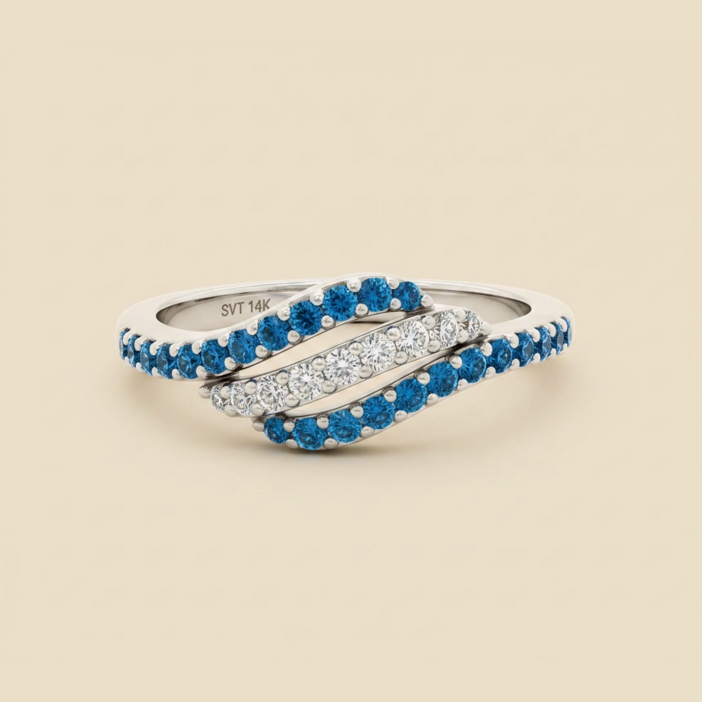 White Gold 10k White/Blue Diamond Three Row Ring