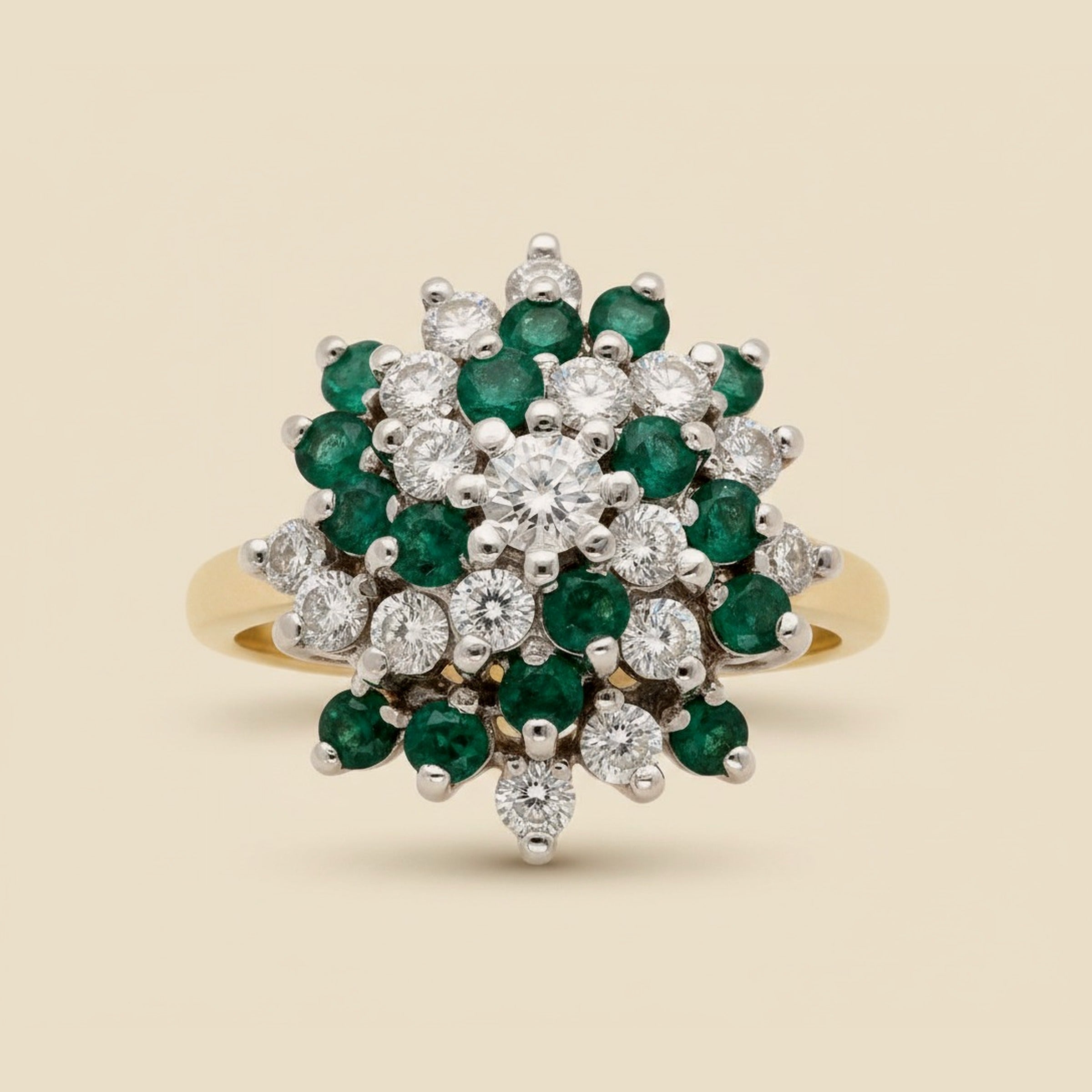White Gold Diamond and Emerald Pinwheel Cocktail Ring