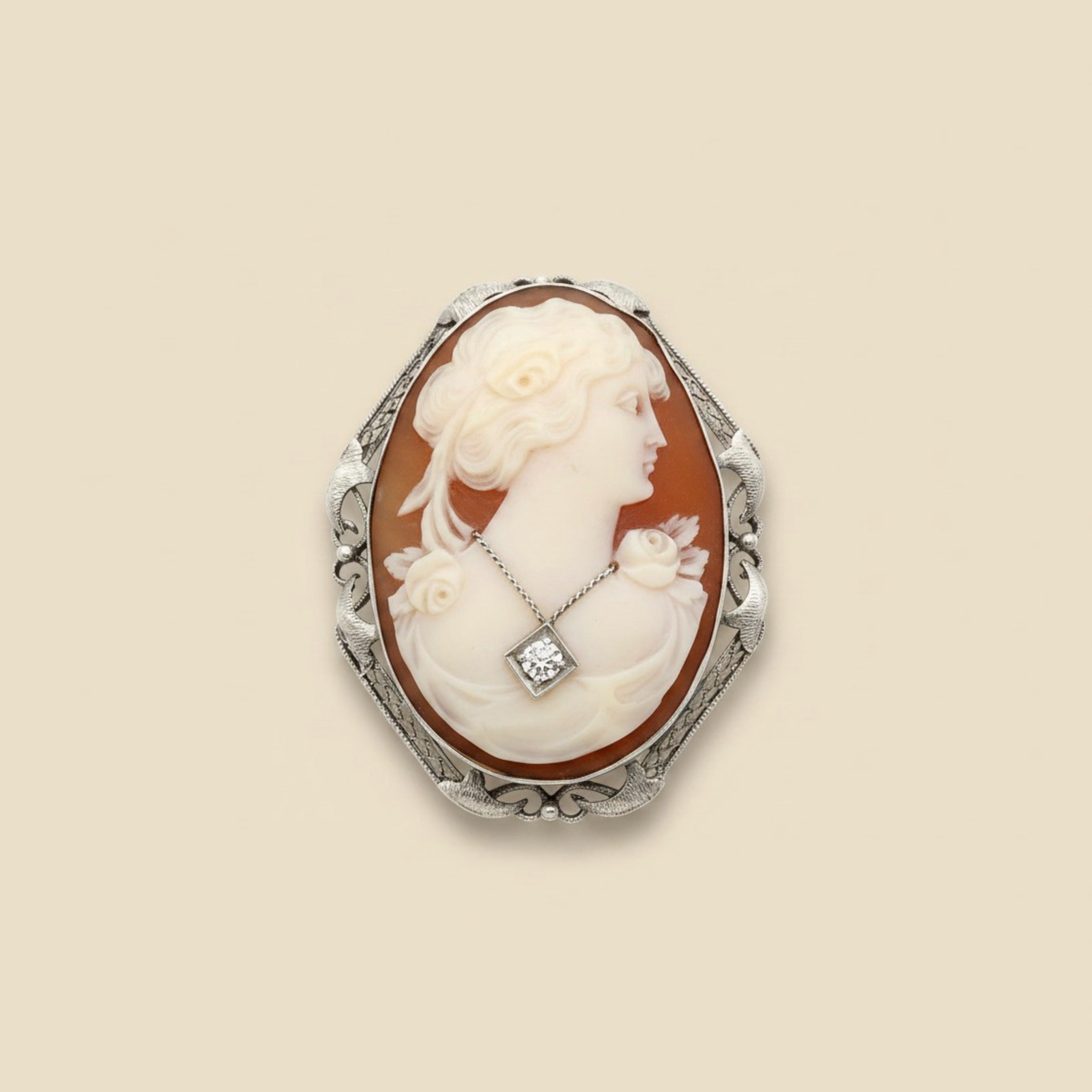 White Gold Filigree Hexagon Shell Cameo Pendant/Brooch – Empire Diamond