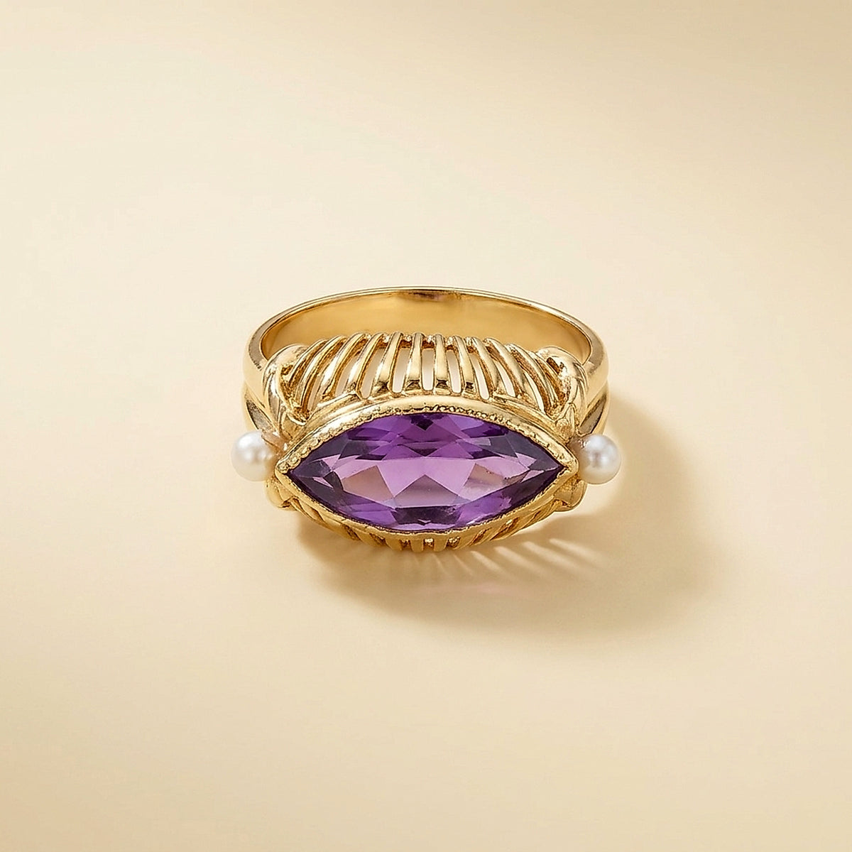 European Yellow Gold Amethyst & Seed Pearl Ring
