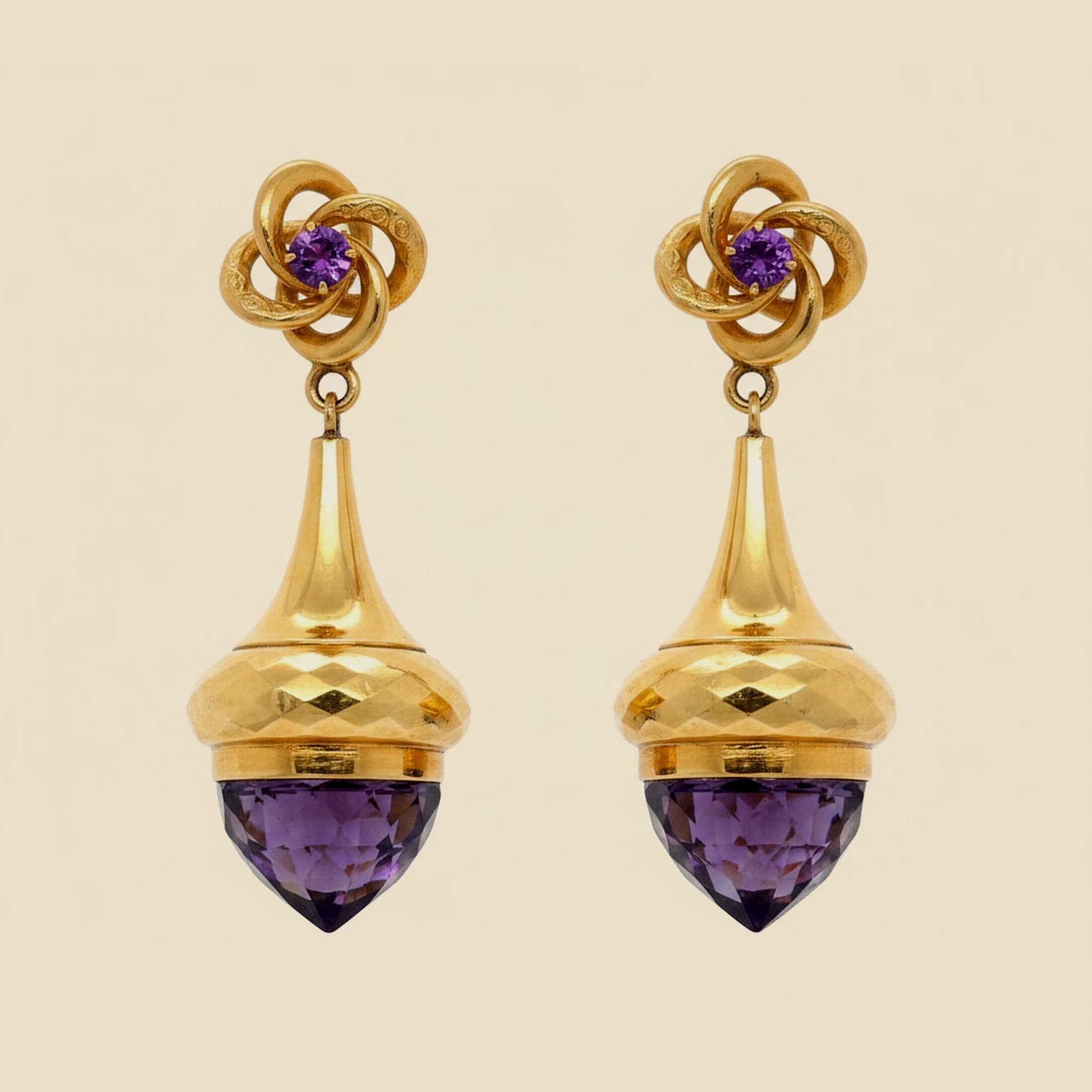 Yellow Gold Briolette Amethyst Dangling Earrings