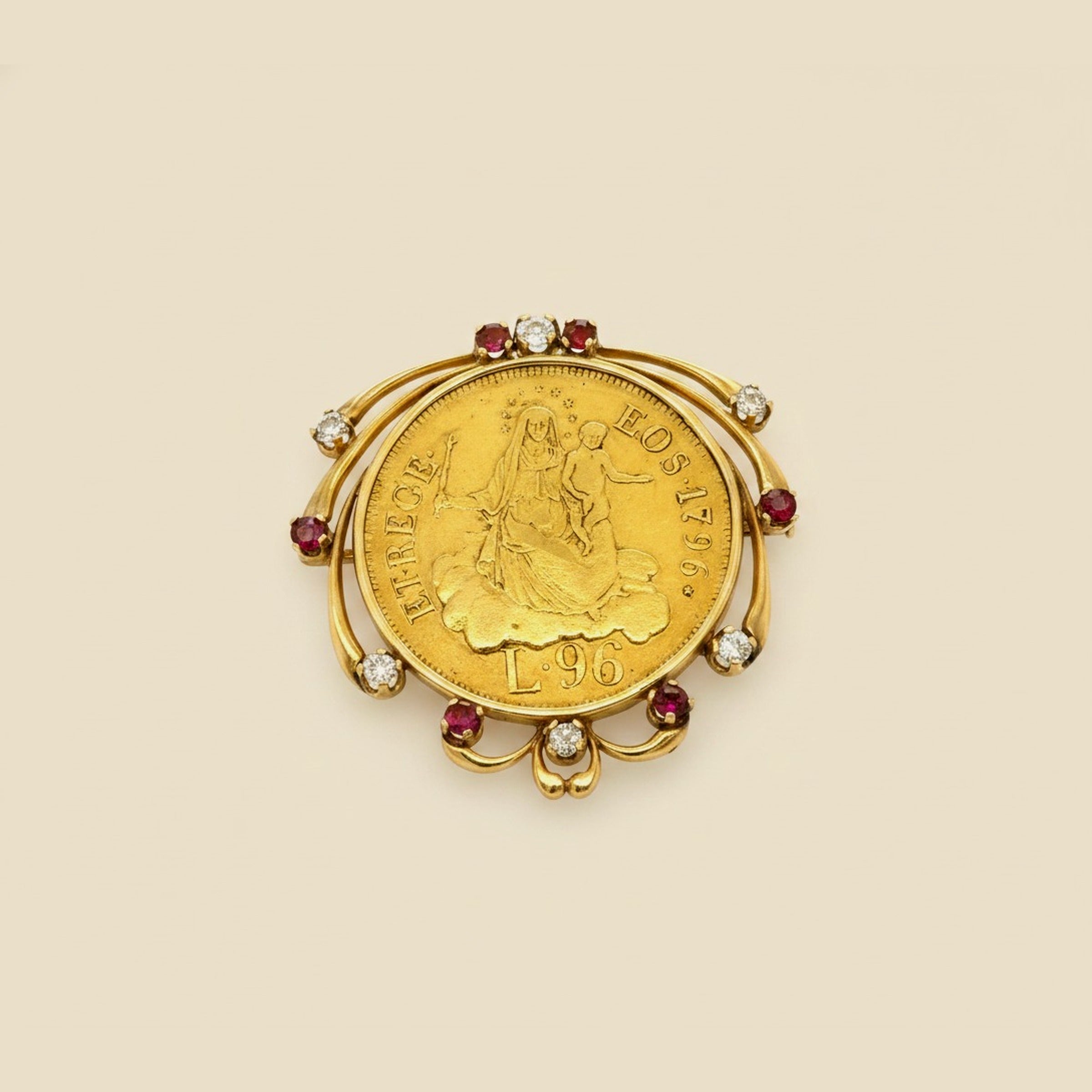 Yellow Gold Coin Pin Framed in Garnets and Diamonds – Empire Diamond
