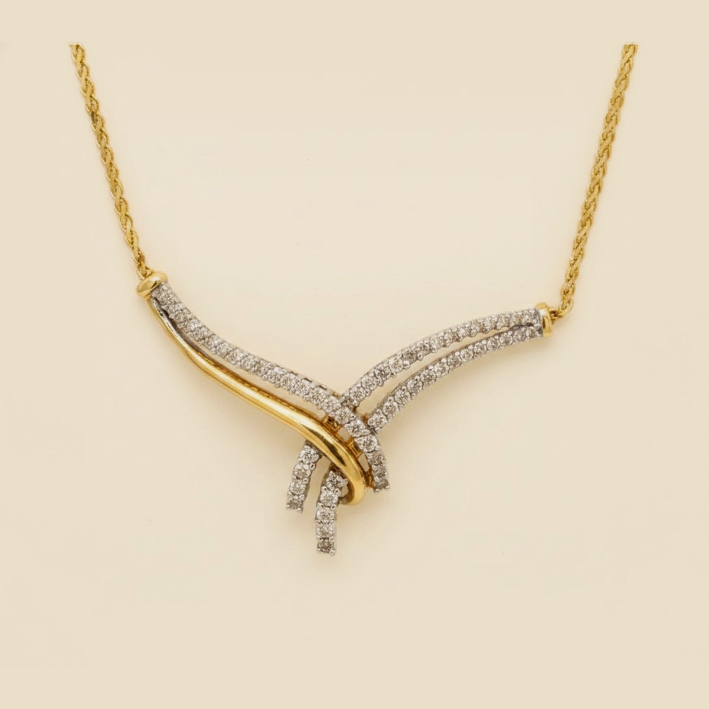 Yellow Gold Diamond Cross Over Necklace
