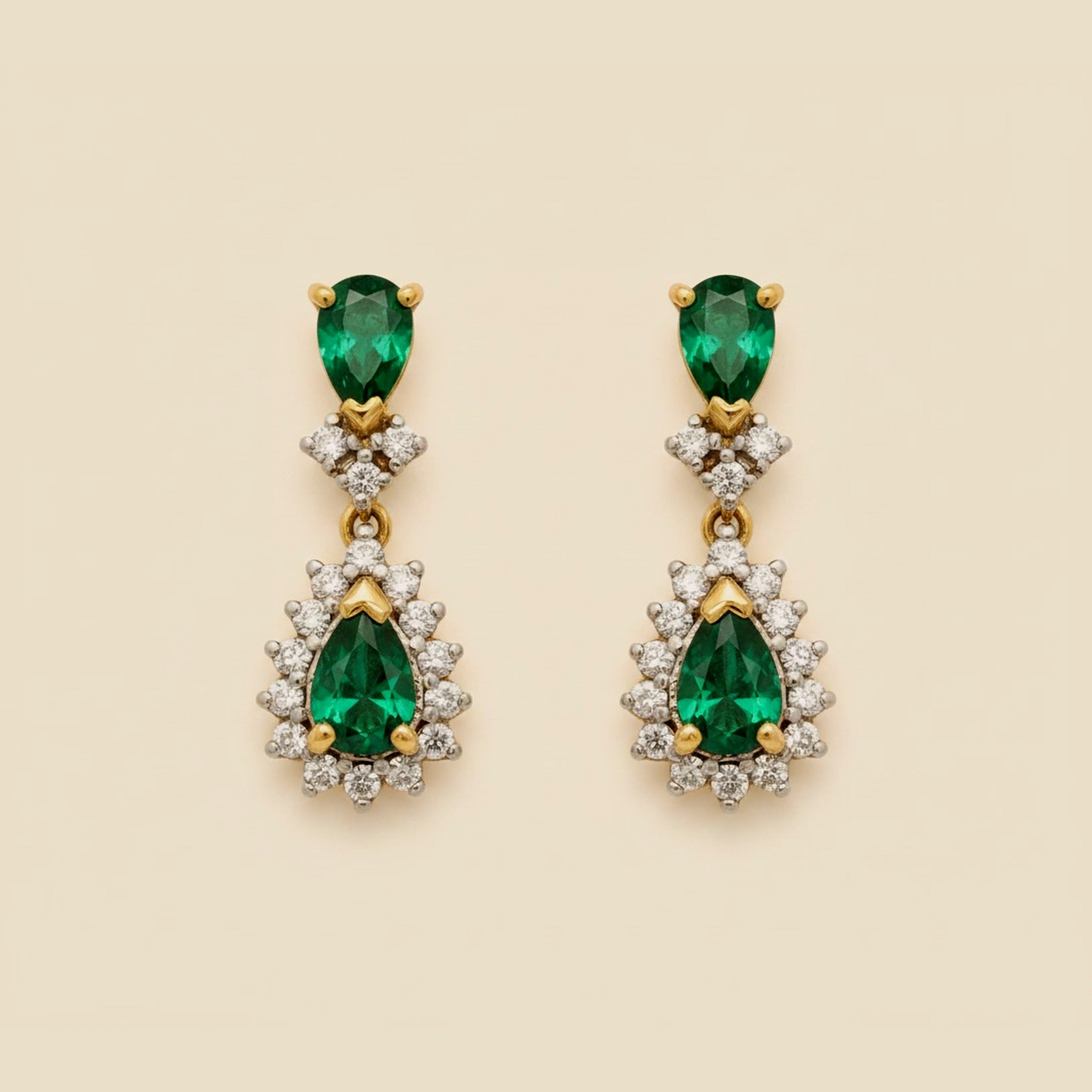 Yellow Gold Emerald & Diamond Dangling Teardrop Earrings