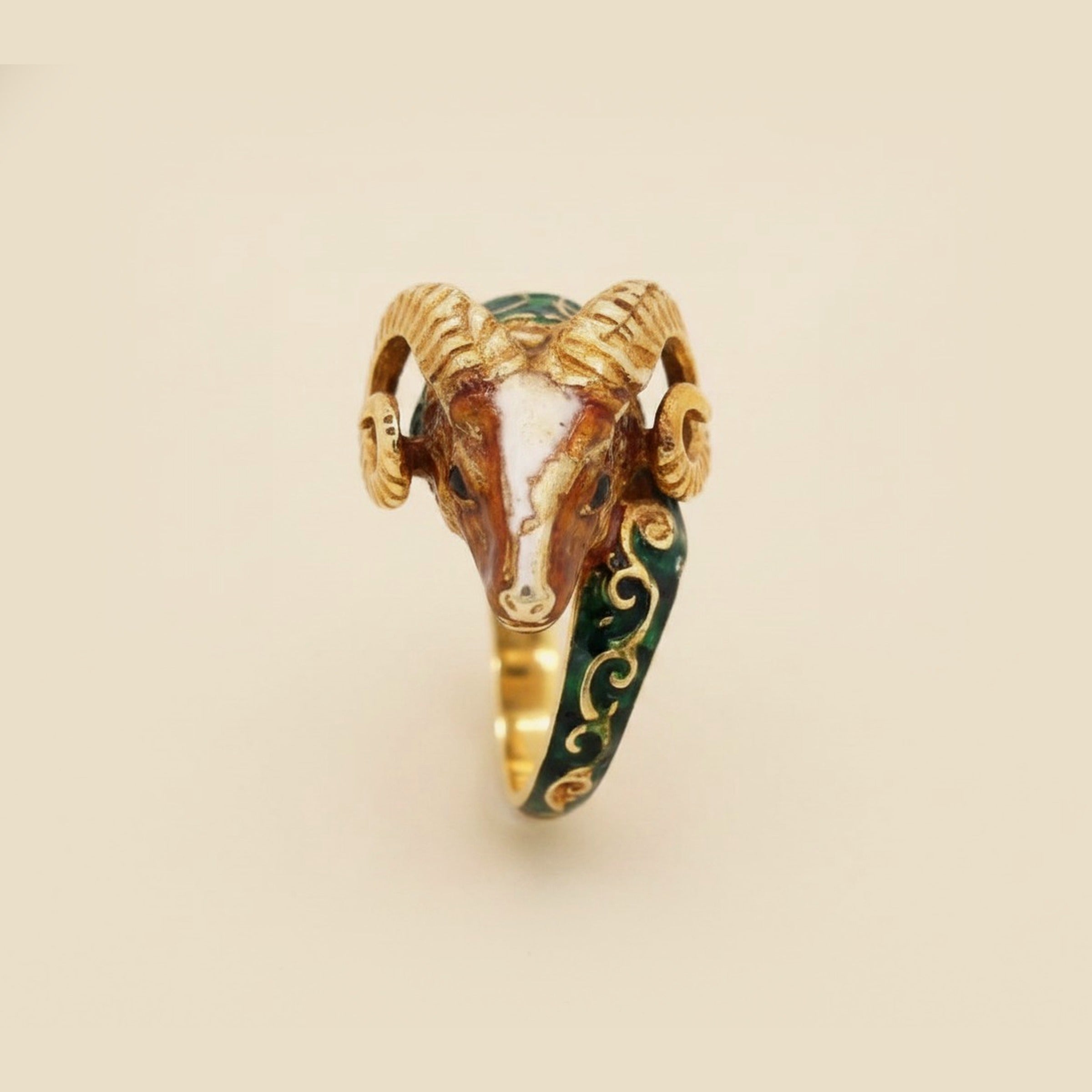 Yellow Gold Enamel Ram's Head Ring