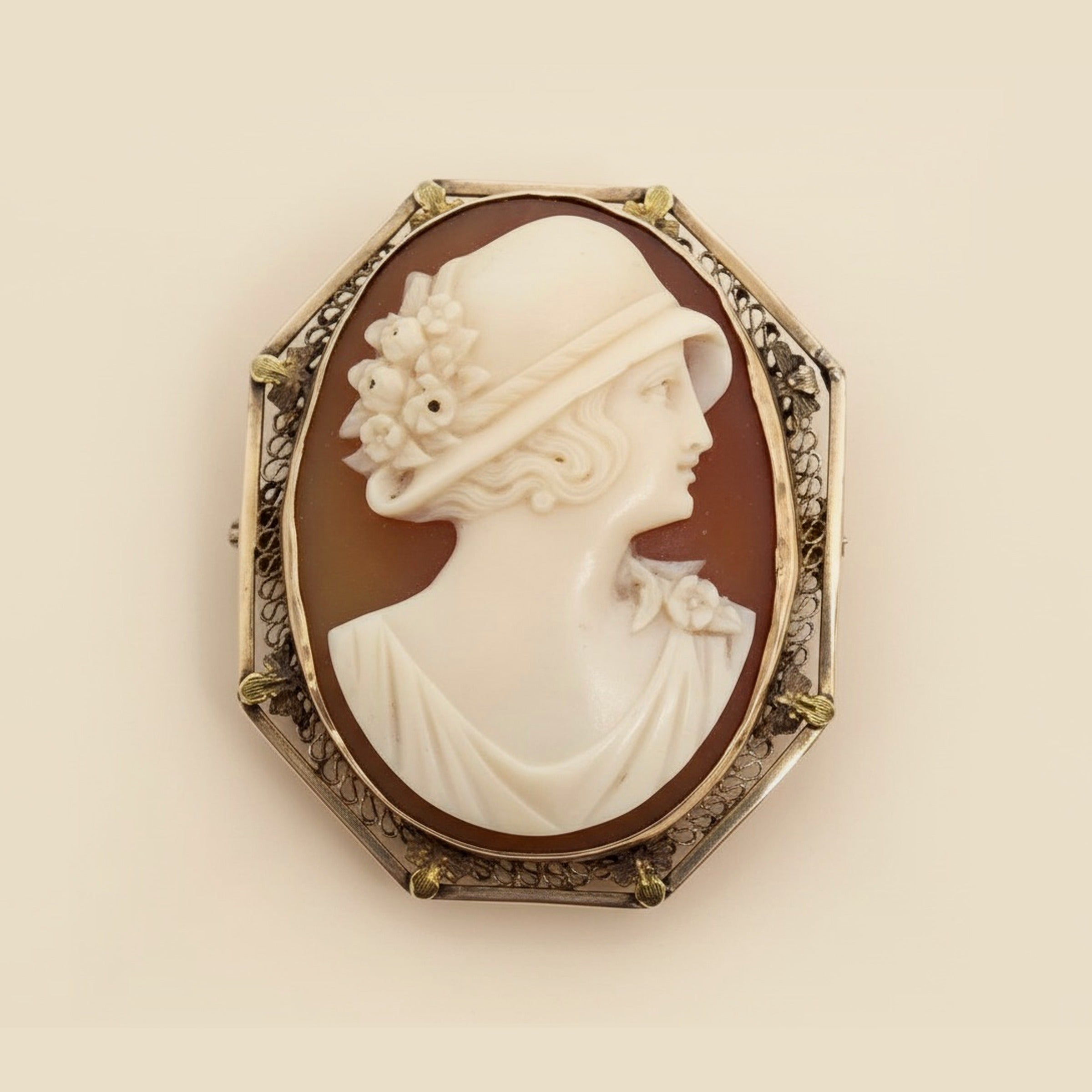 Yellow Gold Filigree Octogon Shell Cameo Pin/Pendant – Empire Diamond