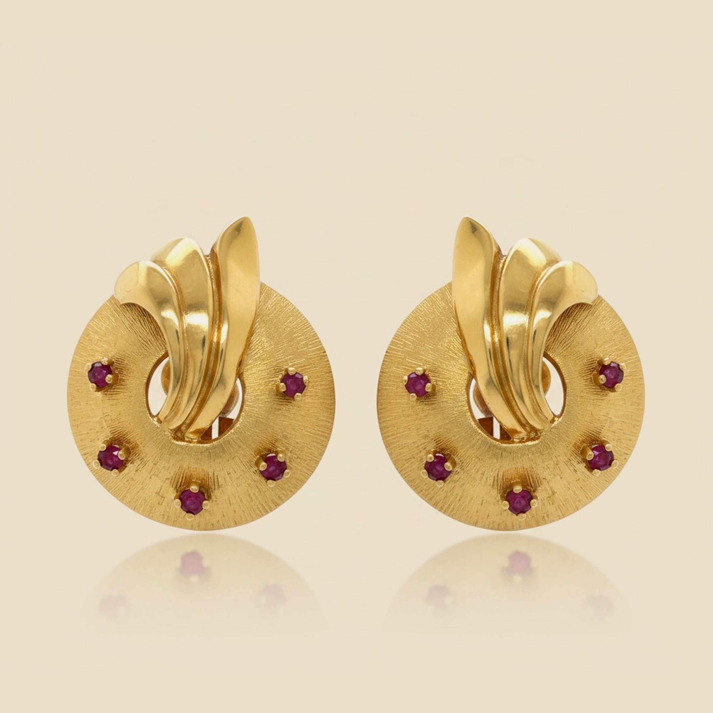 Yellow Gold Florentine Finish Ruby Ear Clips