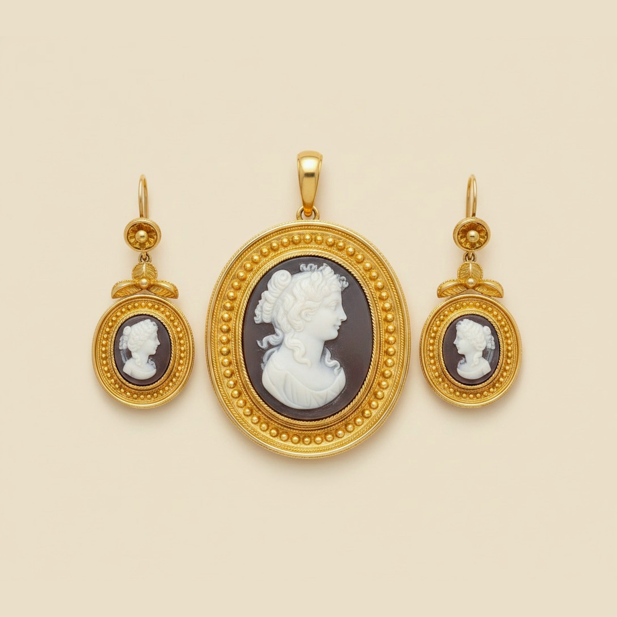 YG 18k Victorian Stone Cameo Set