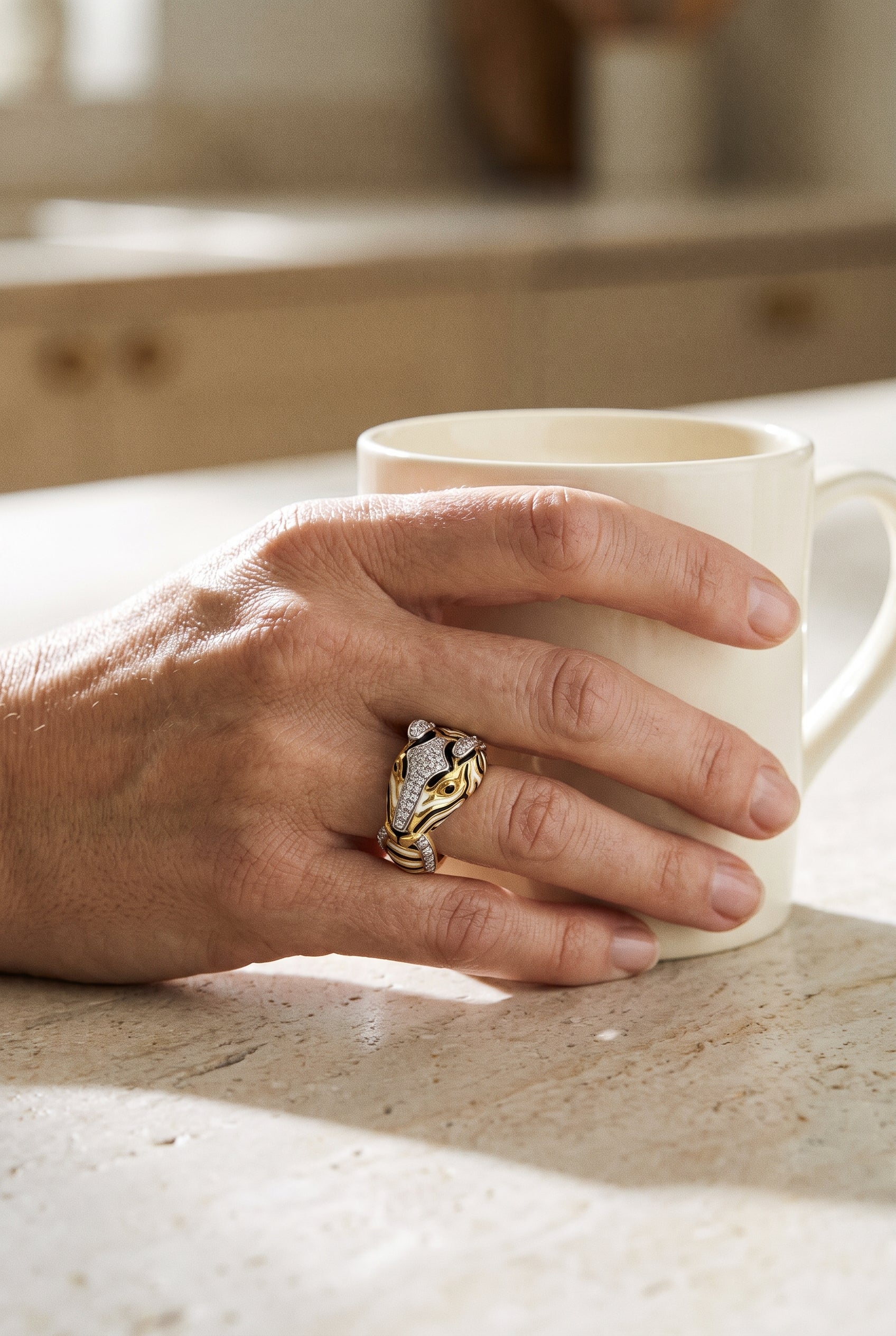 David Webb 18K Gold & Platinum Diamond Enamel Zebra Ring — shown worn, second view