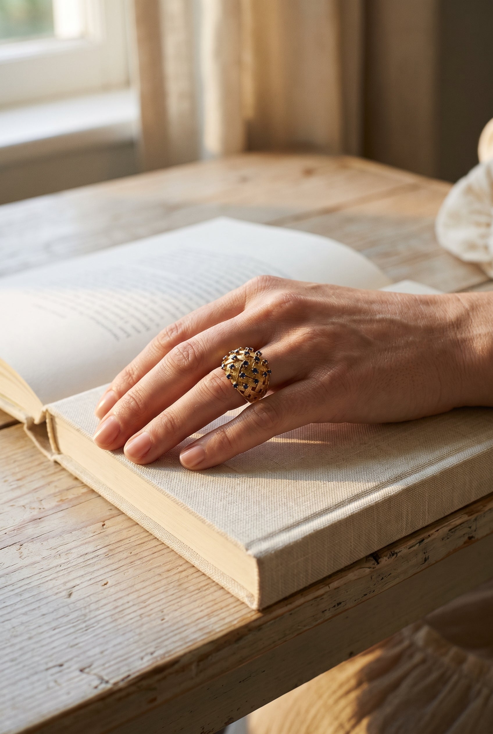 Tiffany 18K Basketweave & Sapphire Ring — shown worn