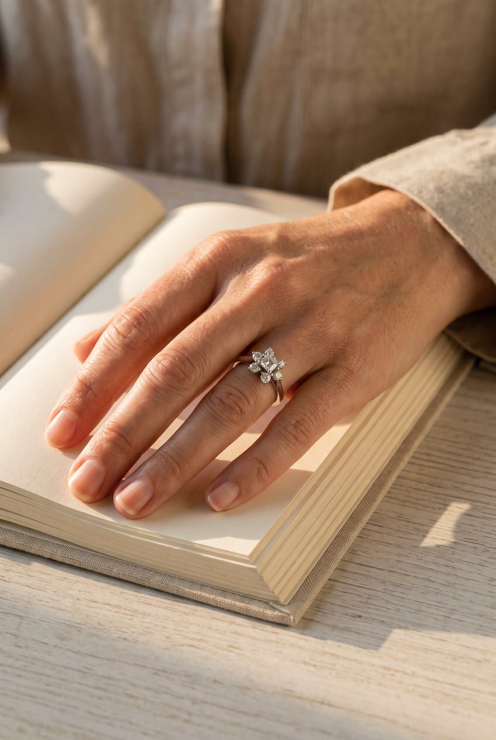 Tiffany & Co. .950 Platinum Diamond Flower Ring — shown worn