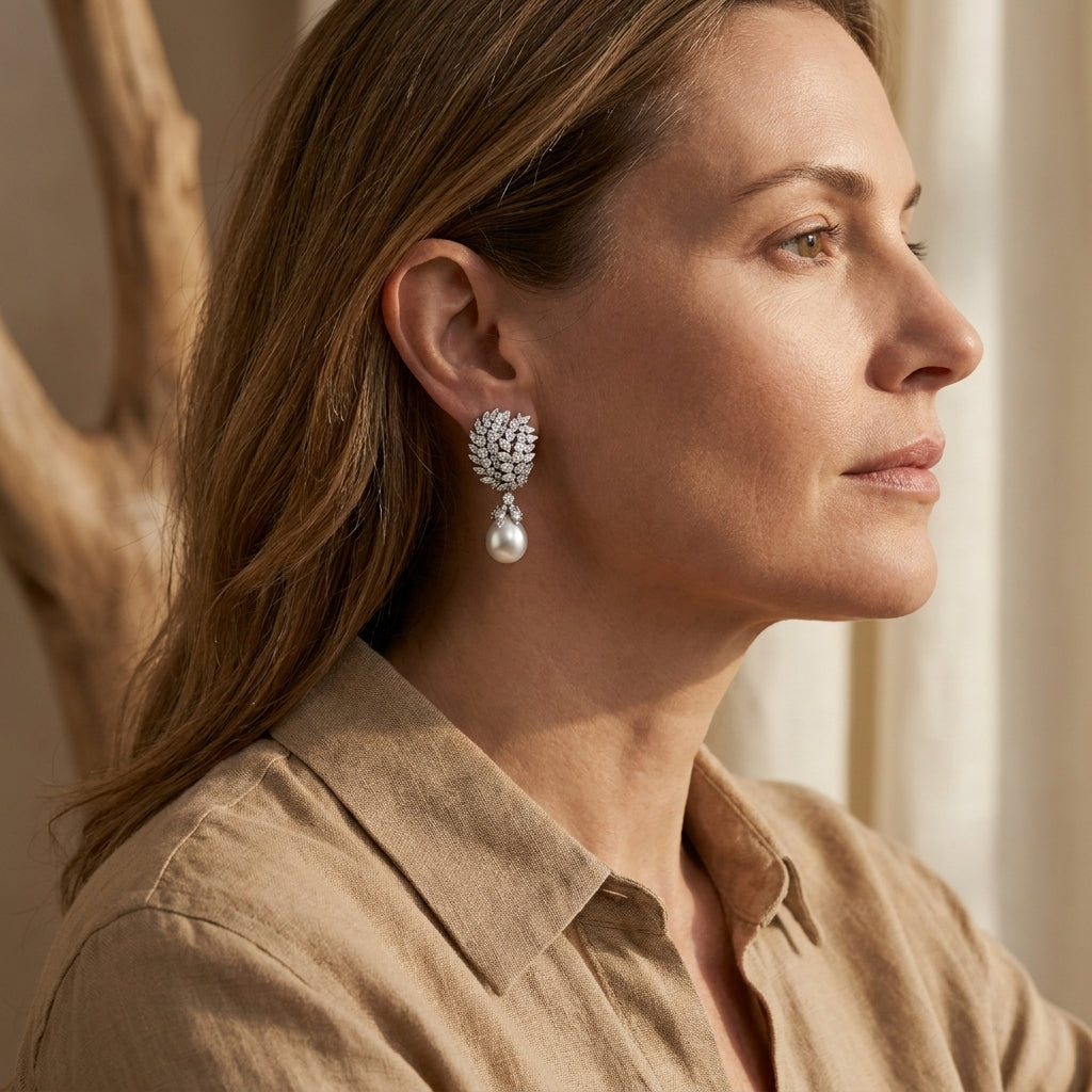 Platinum South Sea pearl and diamond drop earrings worn by a model in soft afternoon light, editorial lifestyle photo