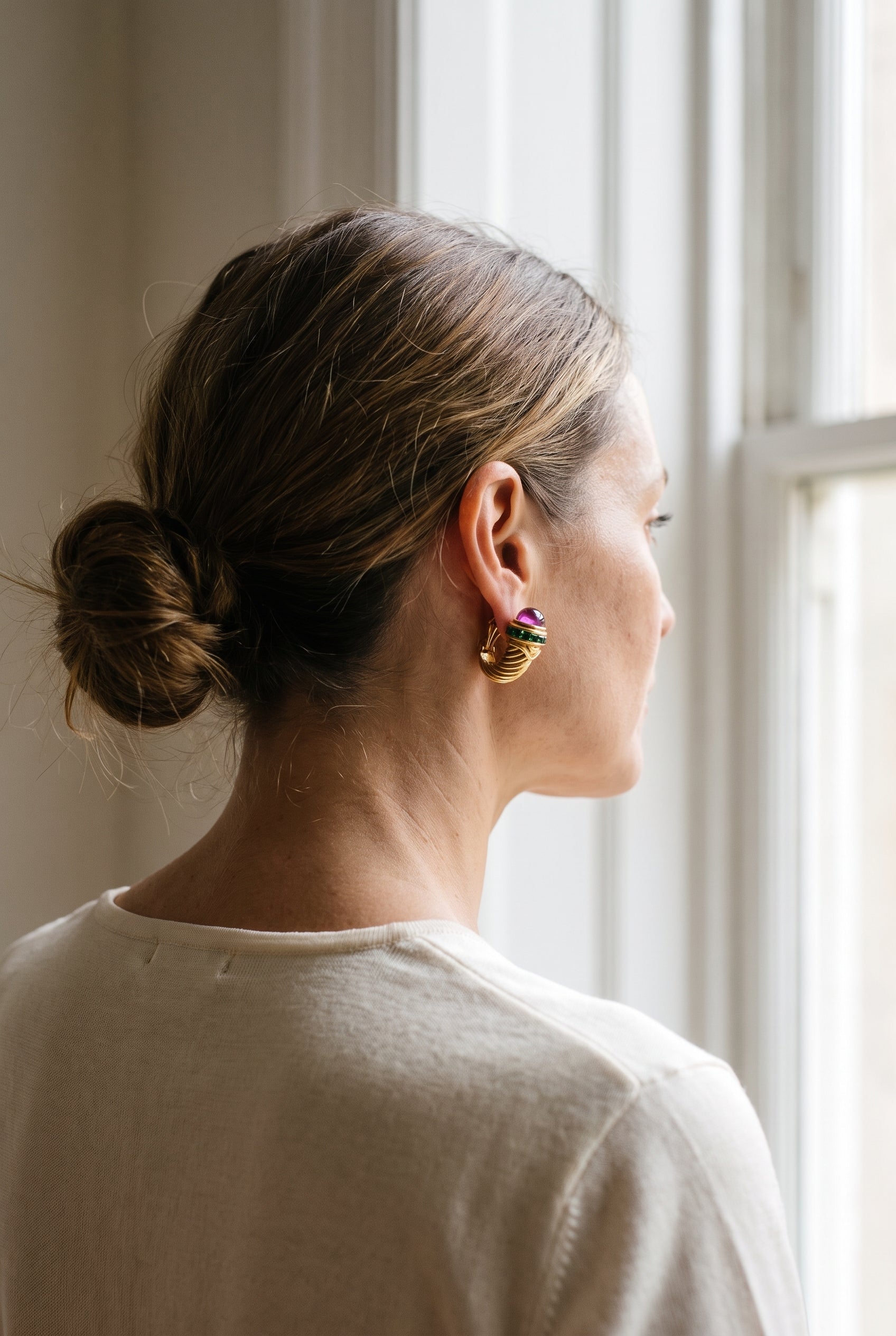 David Yurman 14k Yellow Gold Amethyst and Tourmaline Shrimp Earrings — shown worn, second view