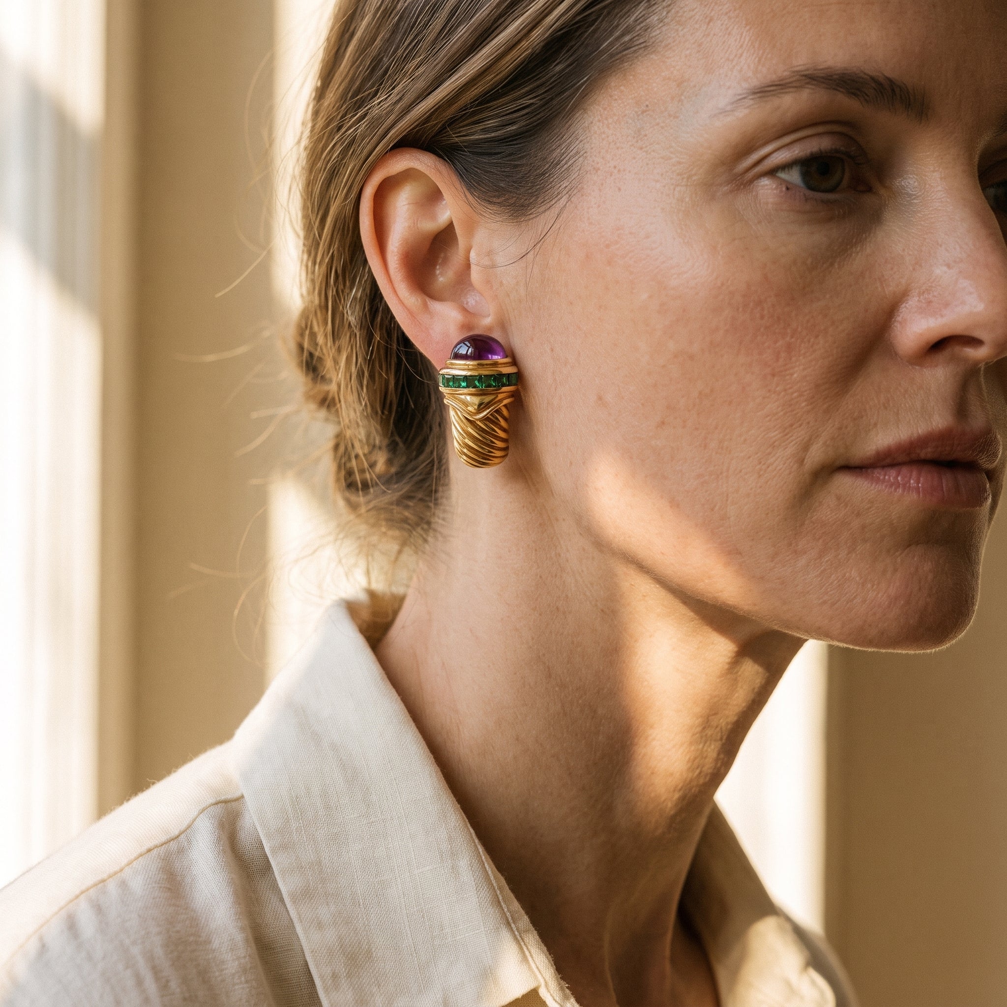 David Yurman 14k Yellow Gold Amethyst and Tourmaline Shrimp Earrings — shown worn