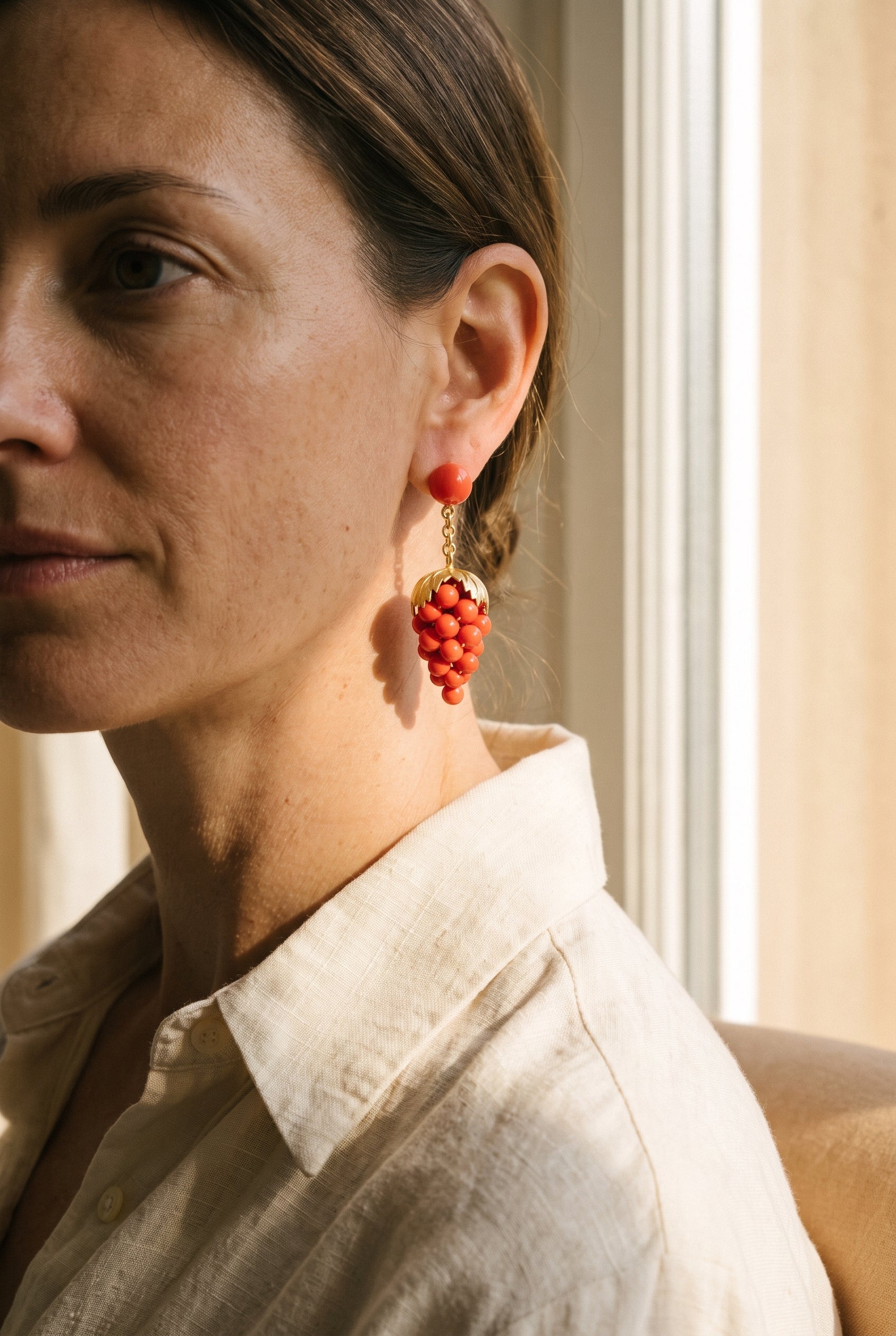 Spritzer & Fuhrmann Yellow Gold Red Grape Coral Hanging Earrings — shown worn