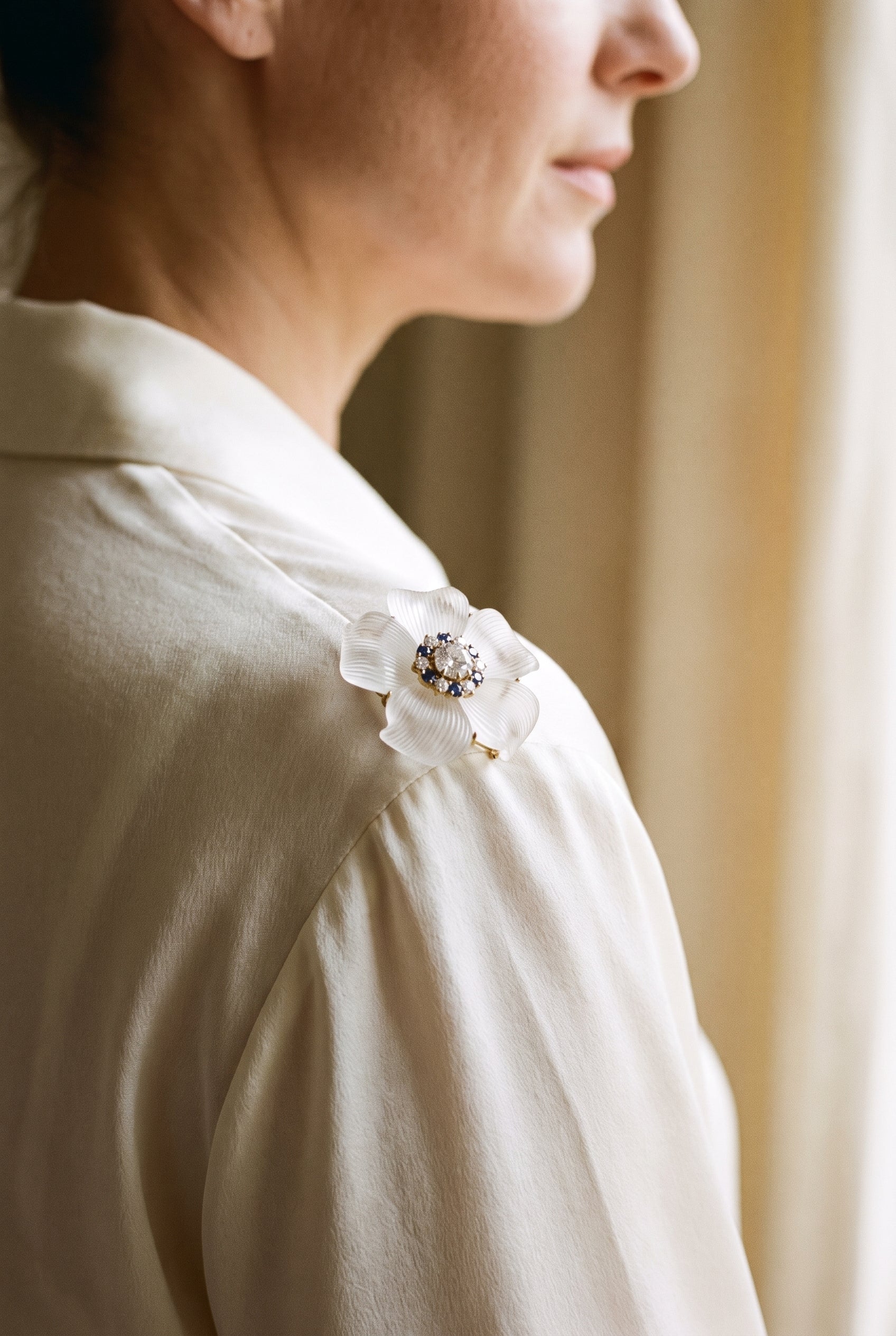 Tiffany & Co. Rock Crystal, Sapphire & Diamond Flower — shown worn, second view