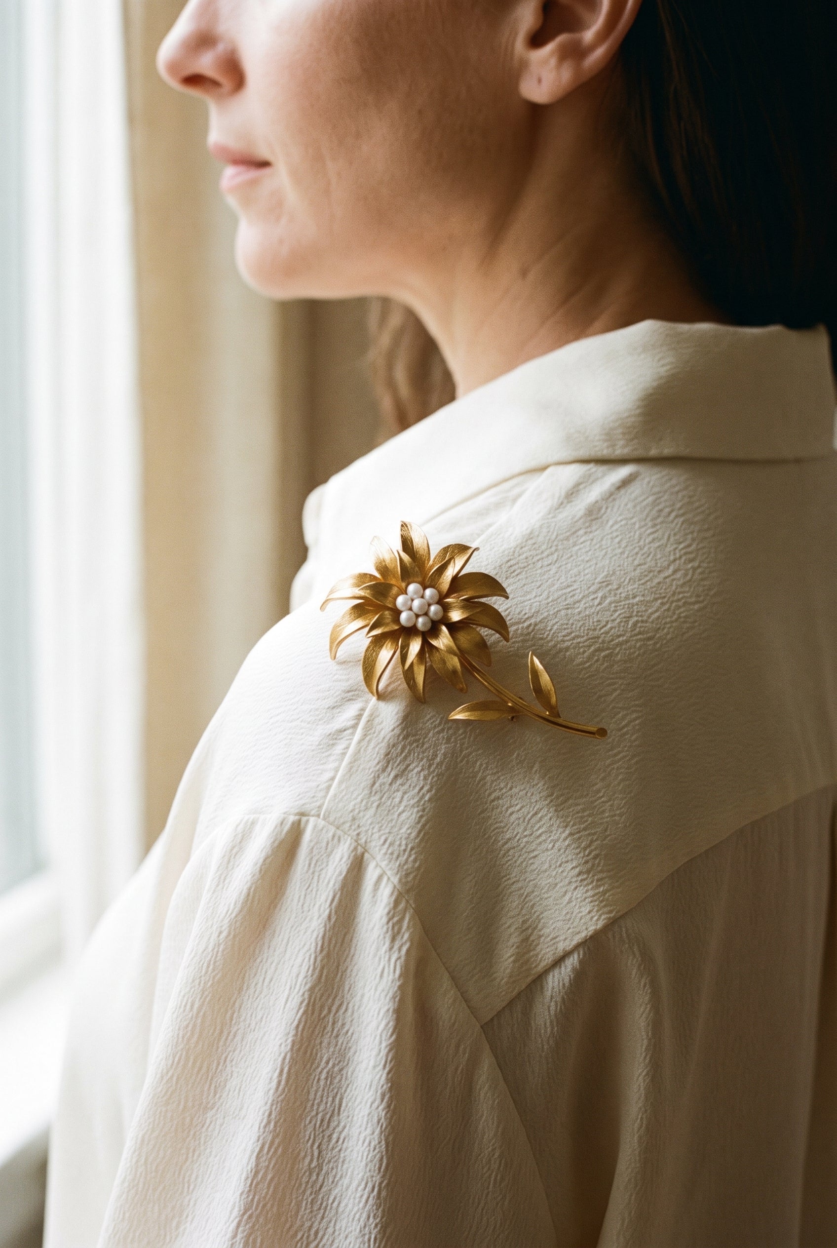 Vintage Tiffany & Co. Yellow Gold Flower Pin — shown worn, second view