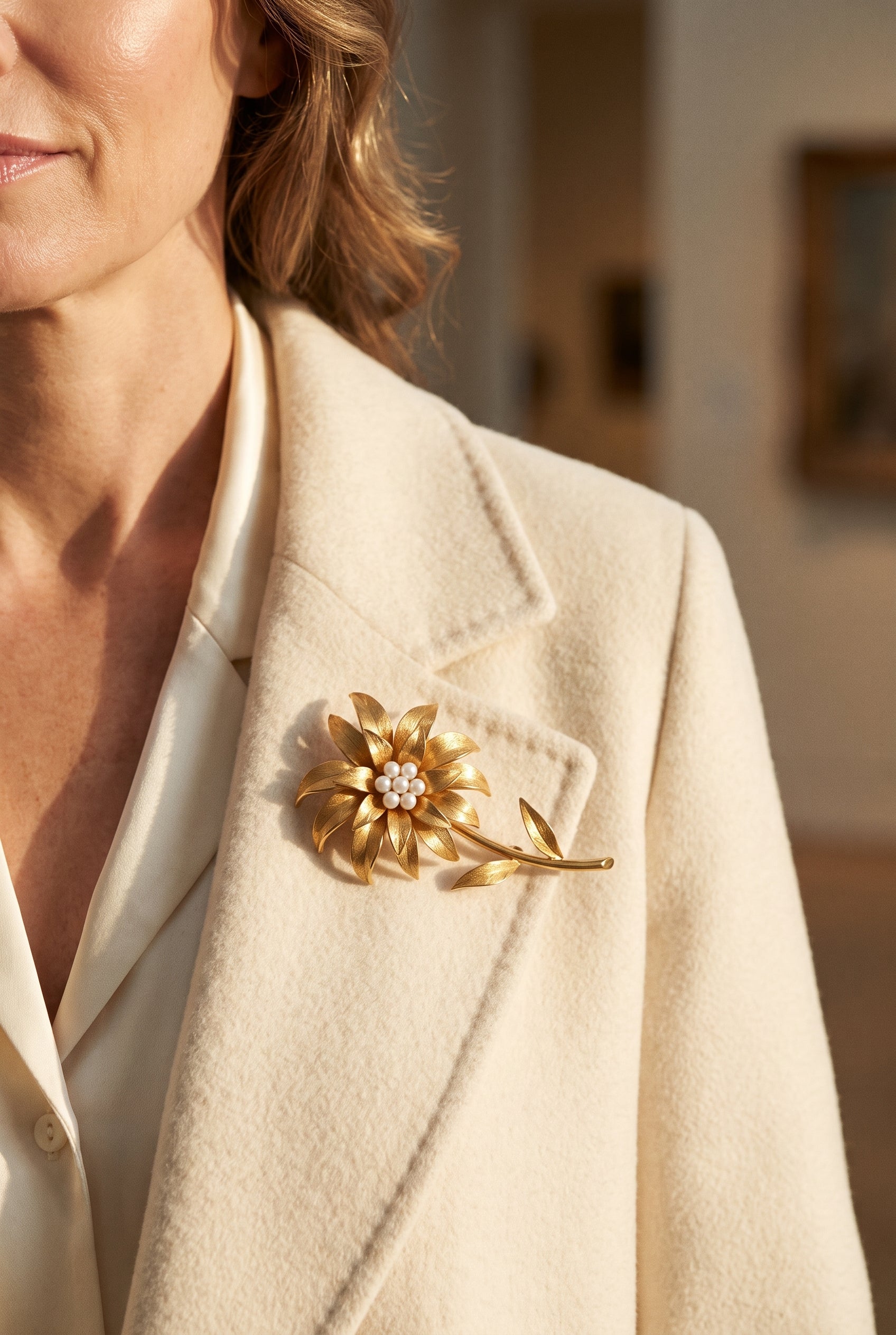Vintage Tiffany & Co. Yellow Gold Flower Pin — shown worn
