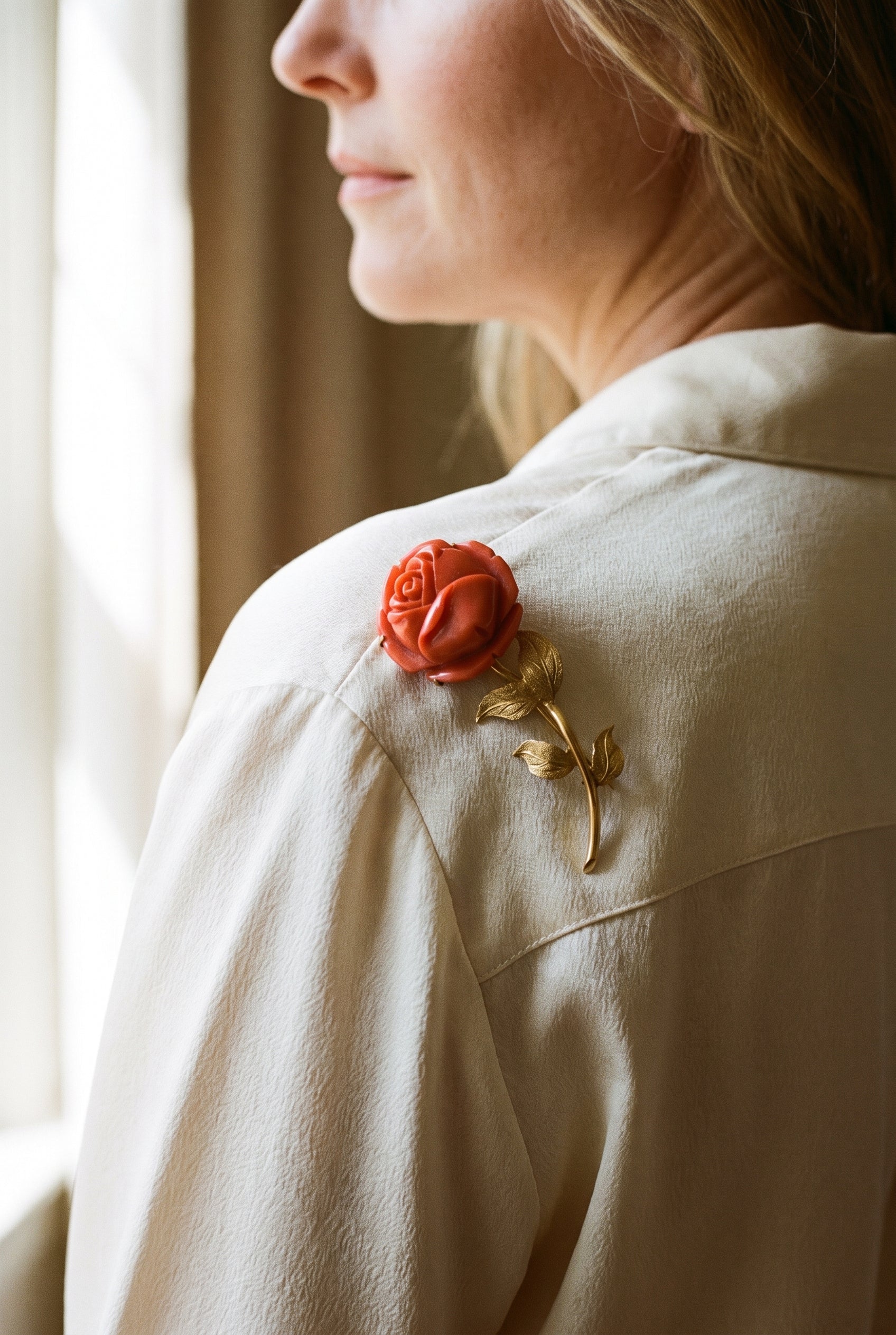 Spritzer & Fuhrmann Yellow Gold Carved Red Coral Rose Pin — shown worn, second view