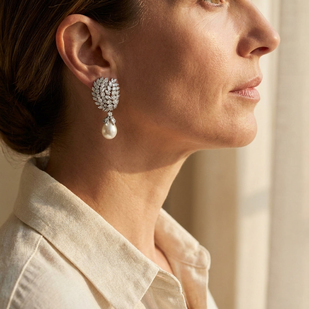 Platinum South Sea Pearl & Diamond Drop Earrings - editorial