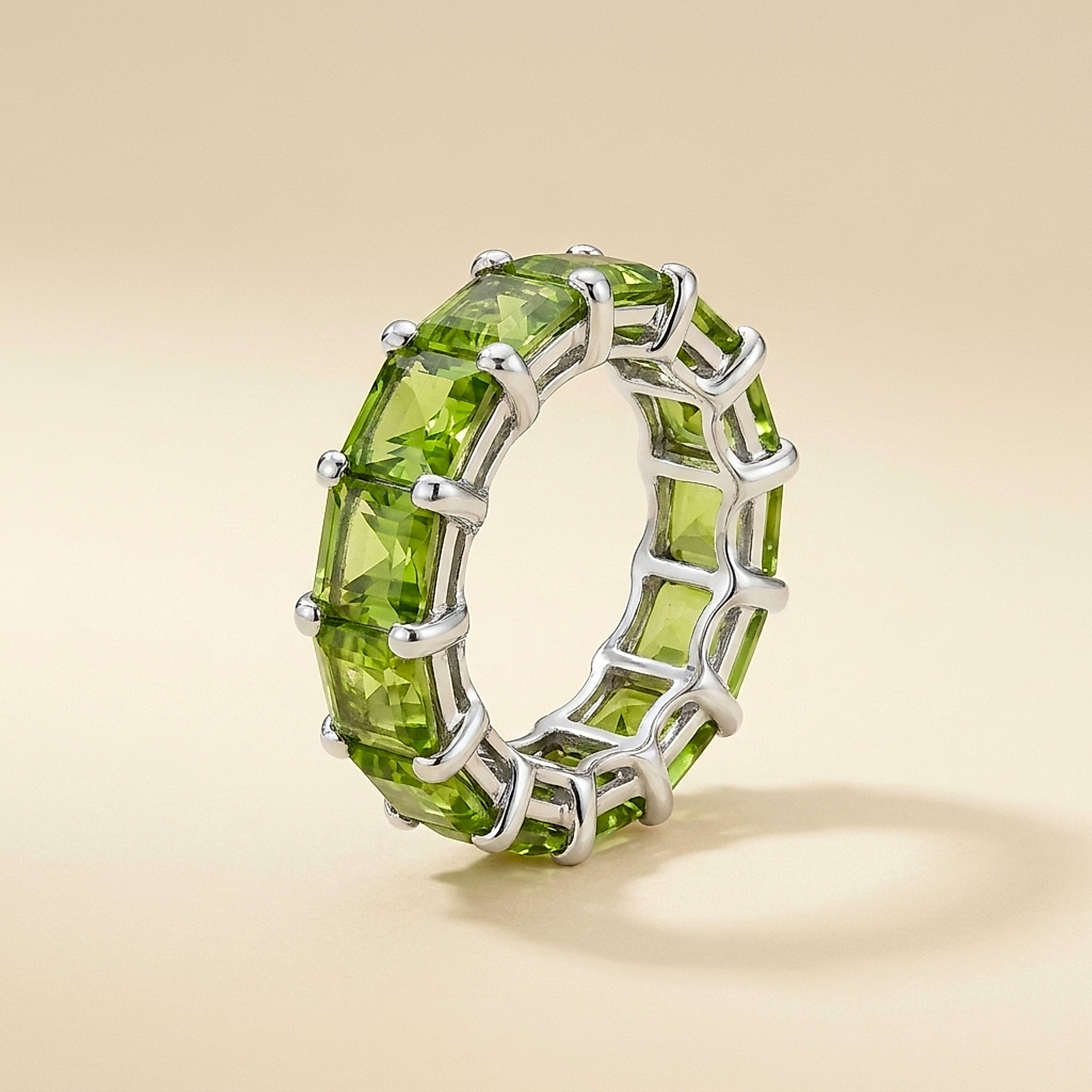 White Gold Square Cut Peridot Eternity Band