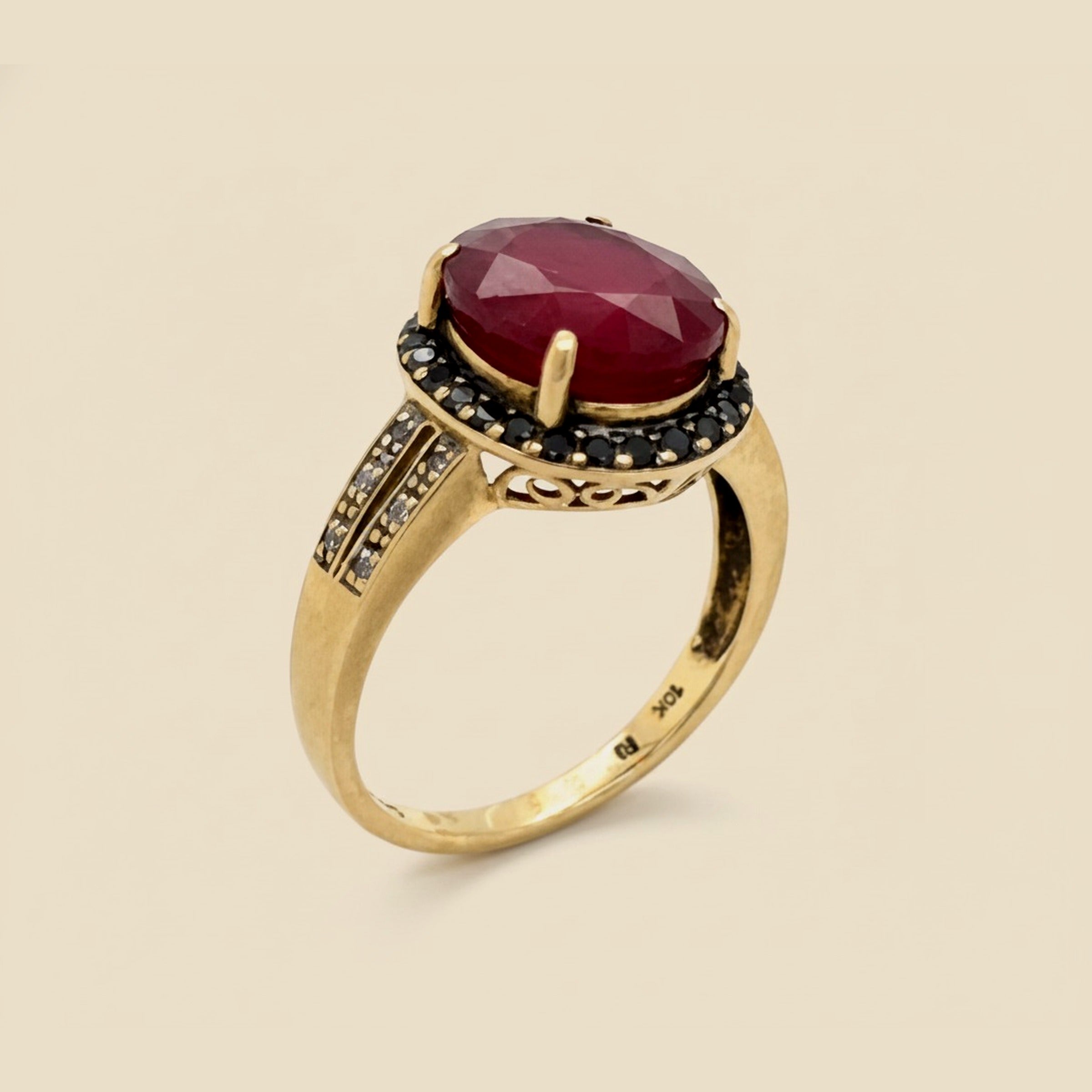 10k Yellow Gold Blk./Wht. Diamond & Ruby Cocktail Ring