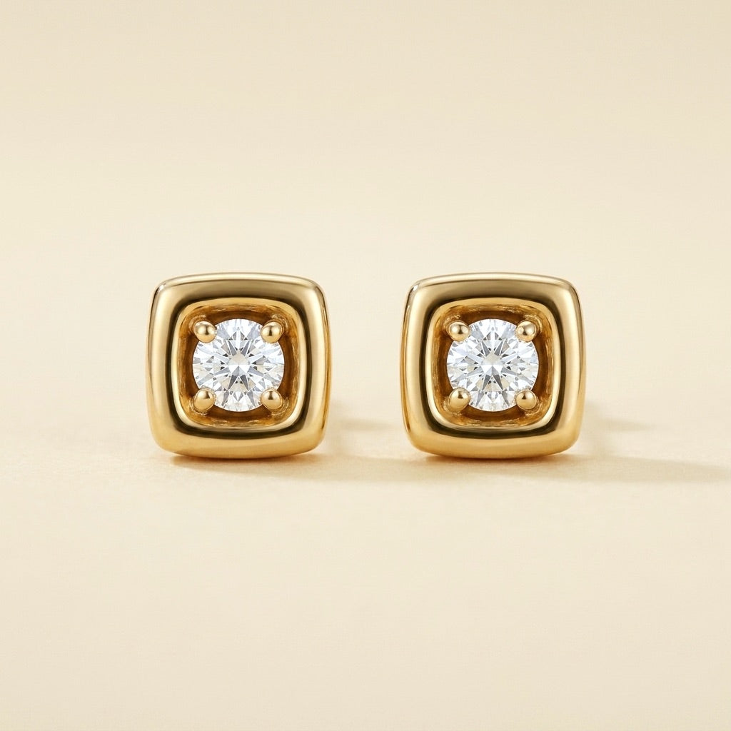14k Yellow Gold Square Top Diamond Earrings