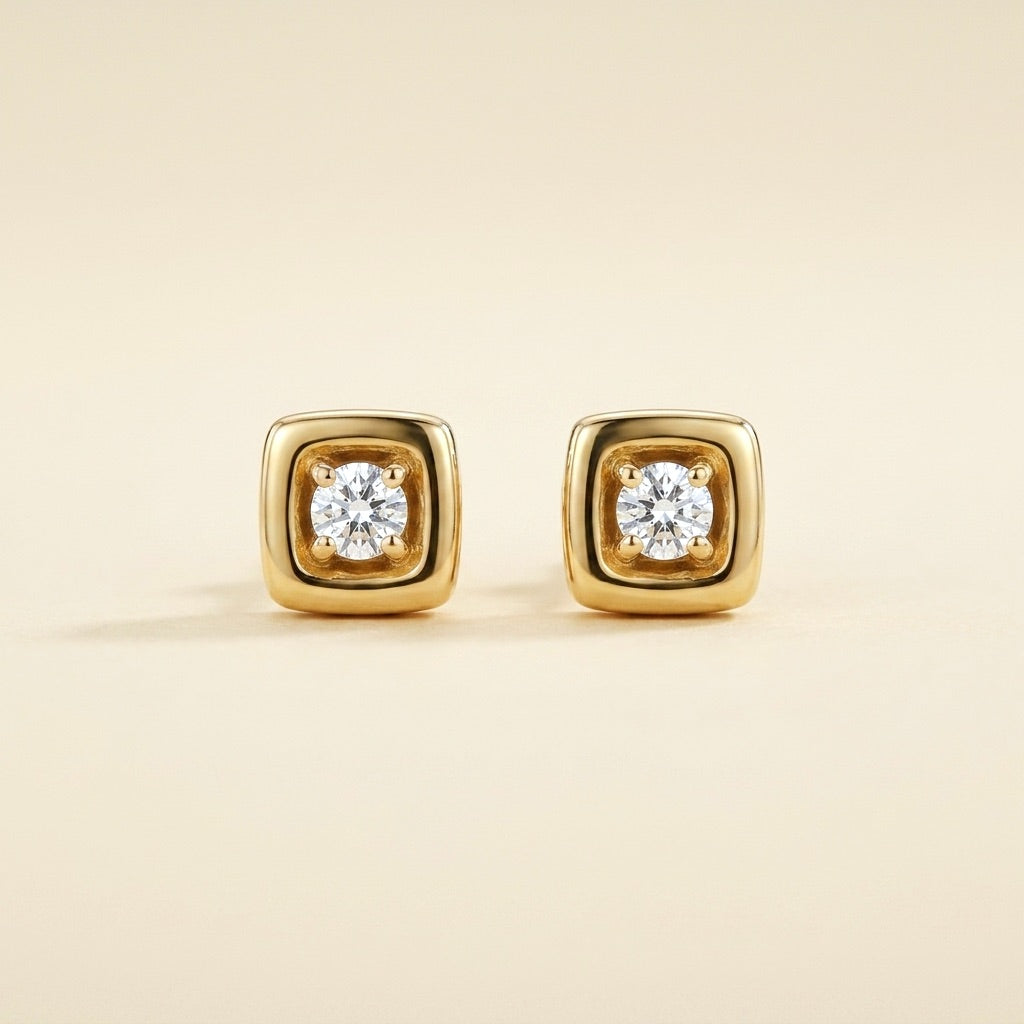 14k Yellow Gold Square Top Diamond Earrings