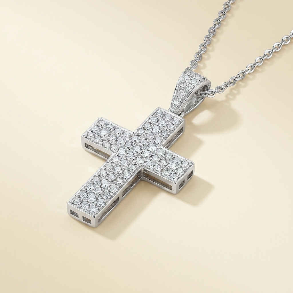 14k White Gold Diamond Cross Pendant - alternate view