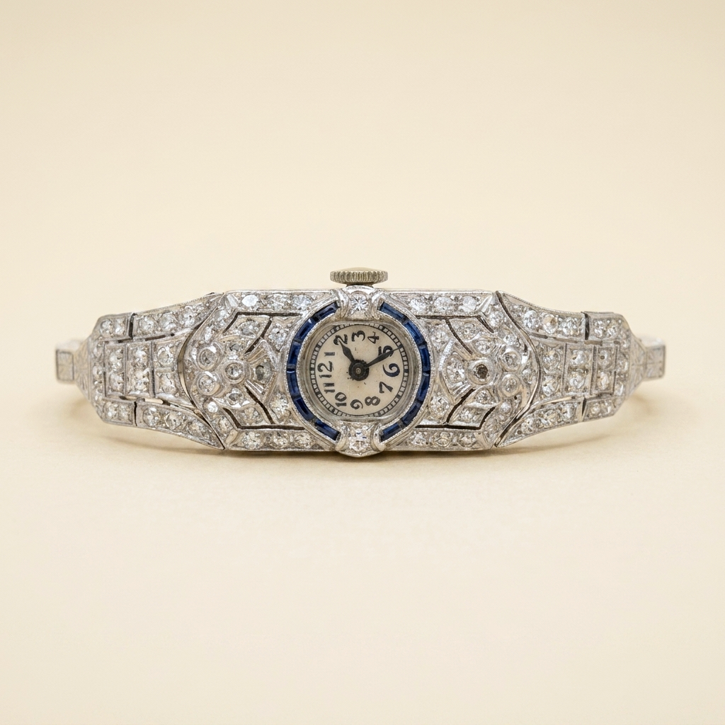 Art Deco Glycine Platinum & 14k White Gold Diamond Watch - hero