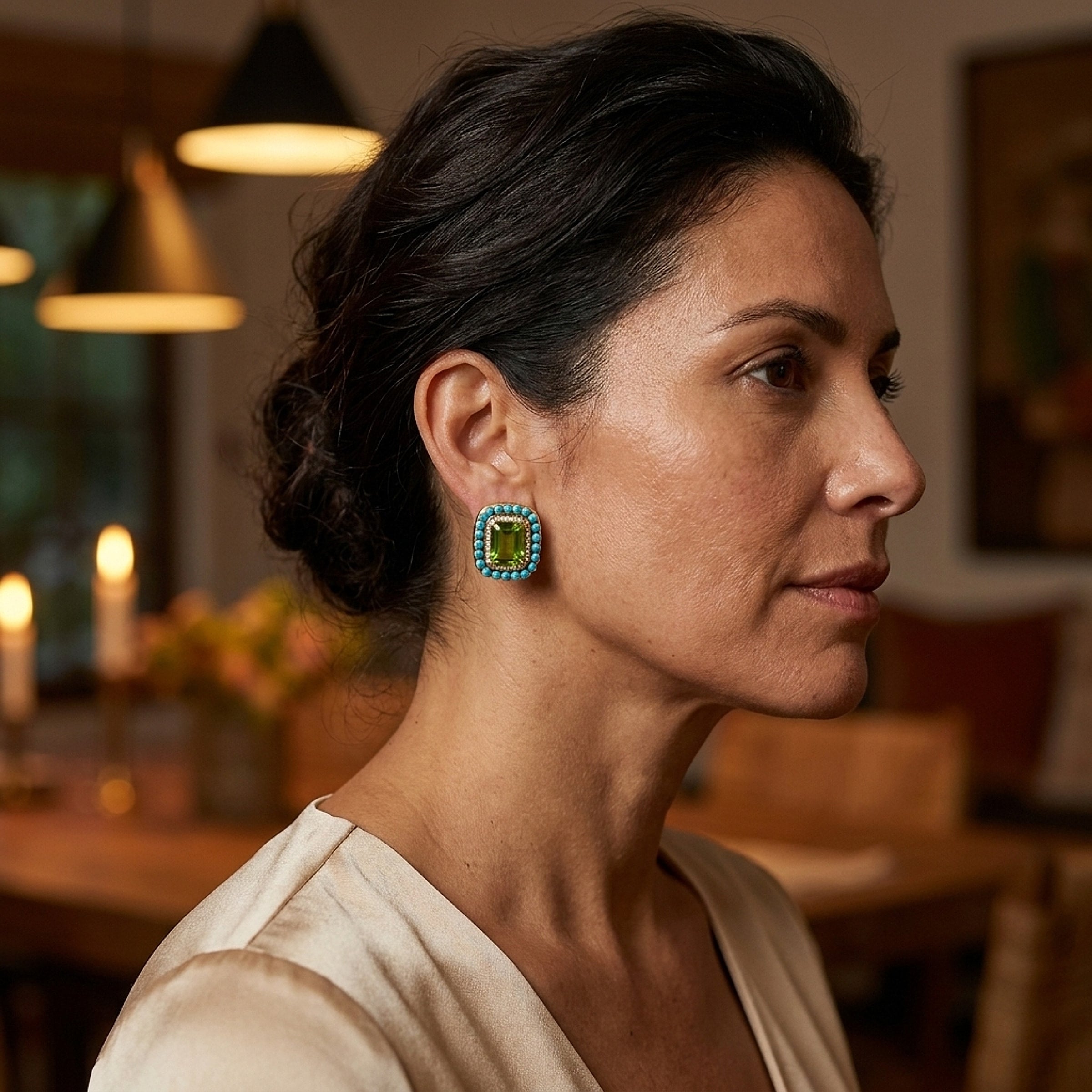 18k Yellow Gold Diamond, Turquoise, and Peridot Earclips