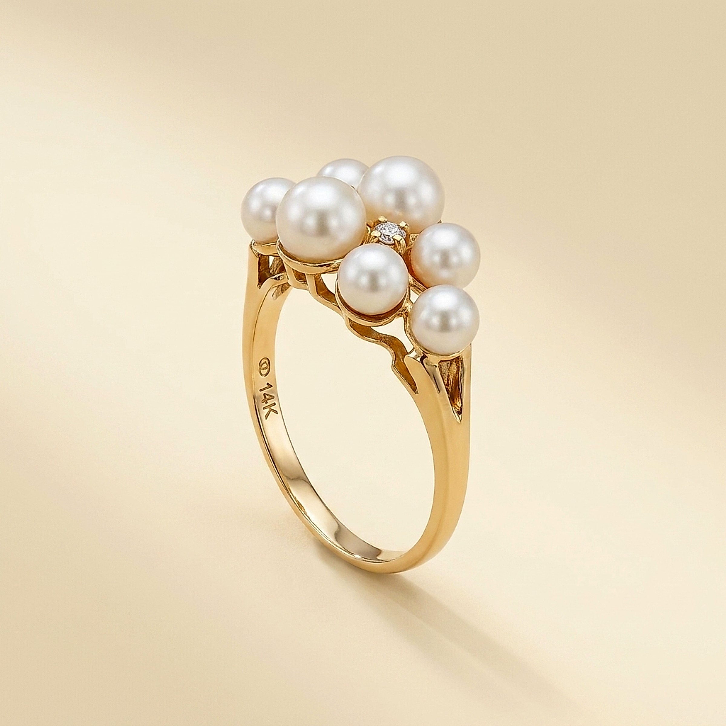 14K Yellow Gold Pearl Cluster & Diamond Cocktail Ring