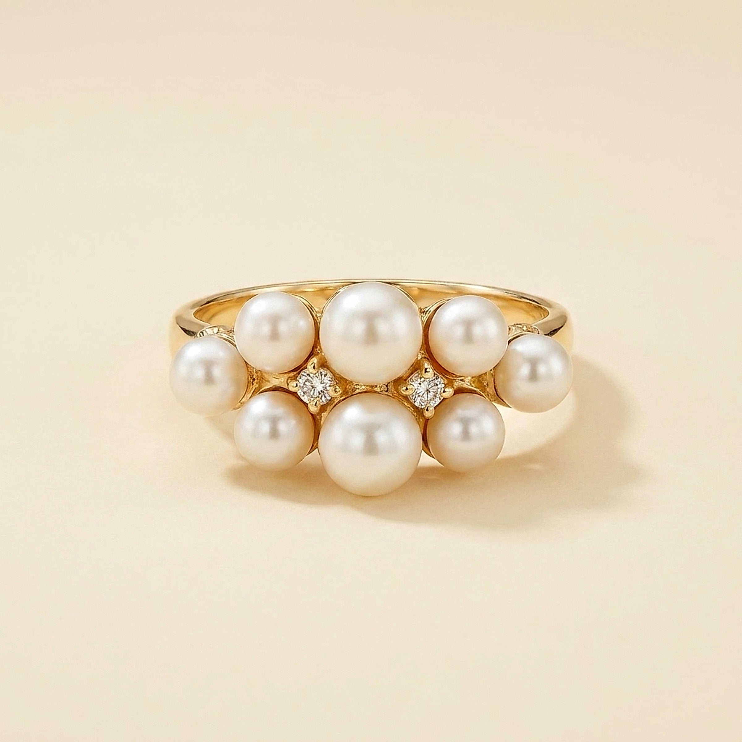 14K Yellow Gold Pearl Cluster & Diamond Cocktail Ring