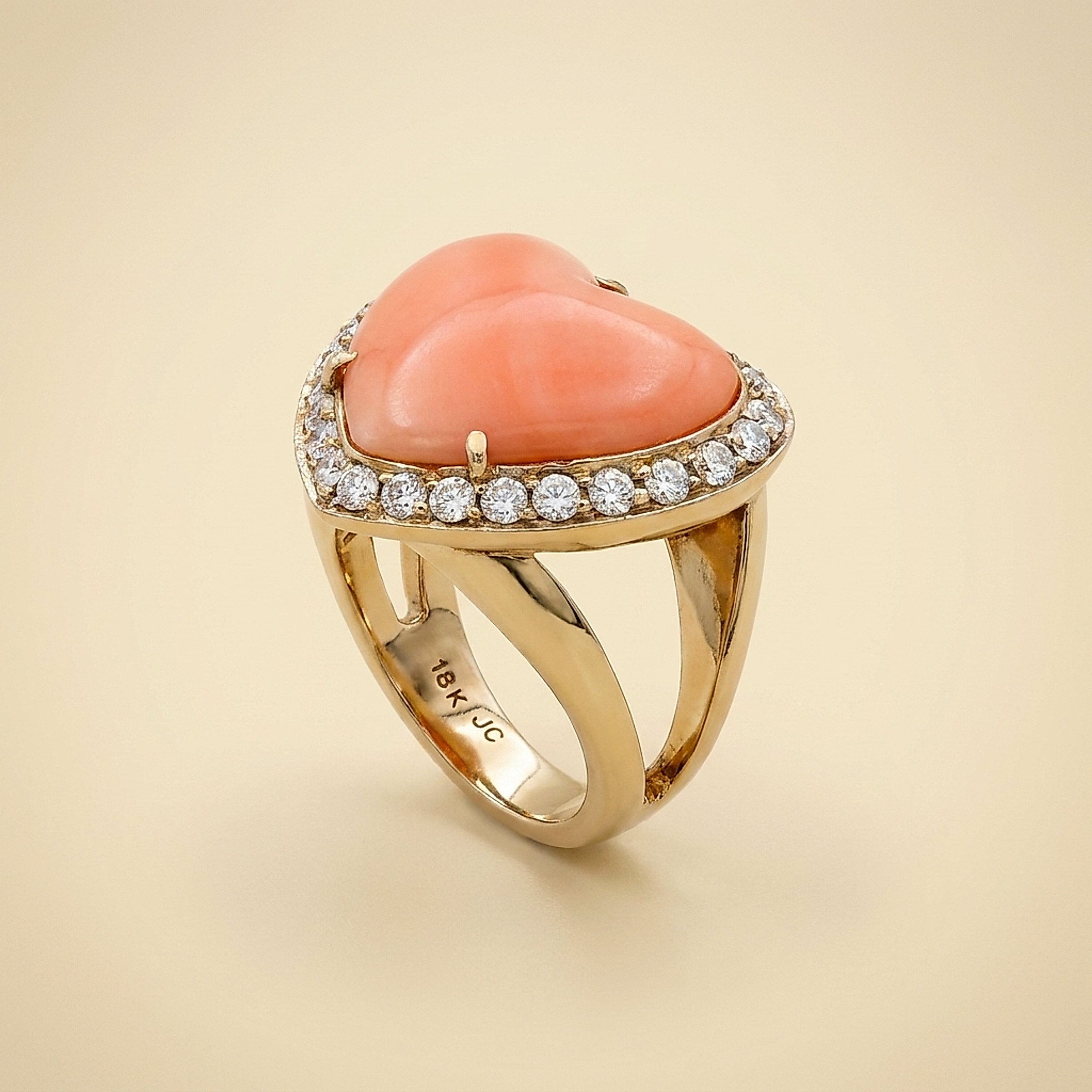 18k White Gold Pink Coral Heart and Diamond Ring