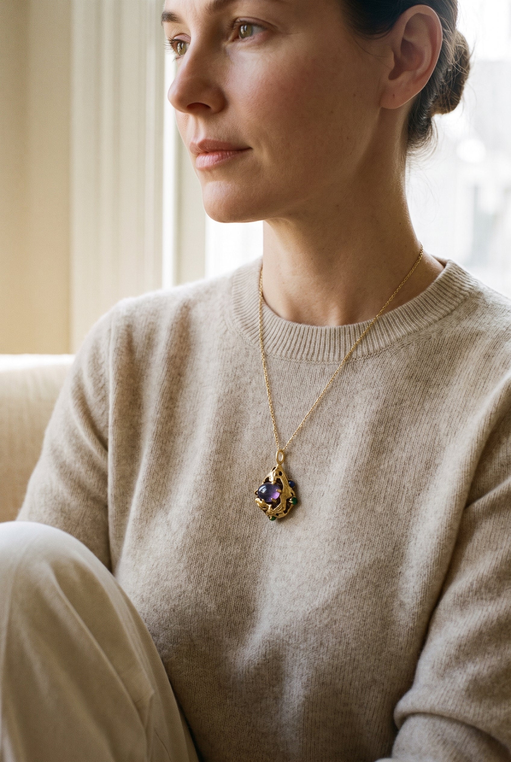 Mario Masenza 18K Gold Cabochon Multi-Stone Pendant — shown worn, second view
