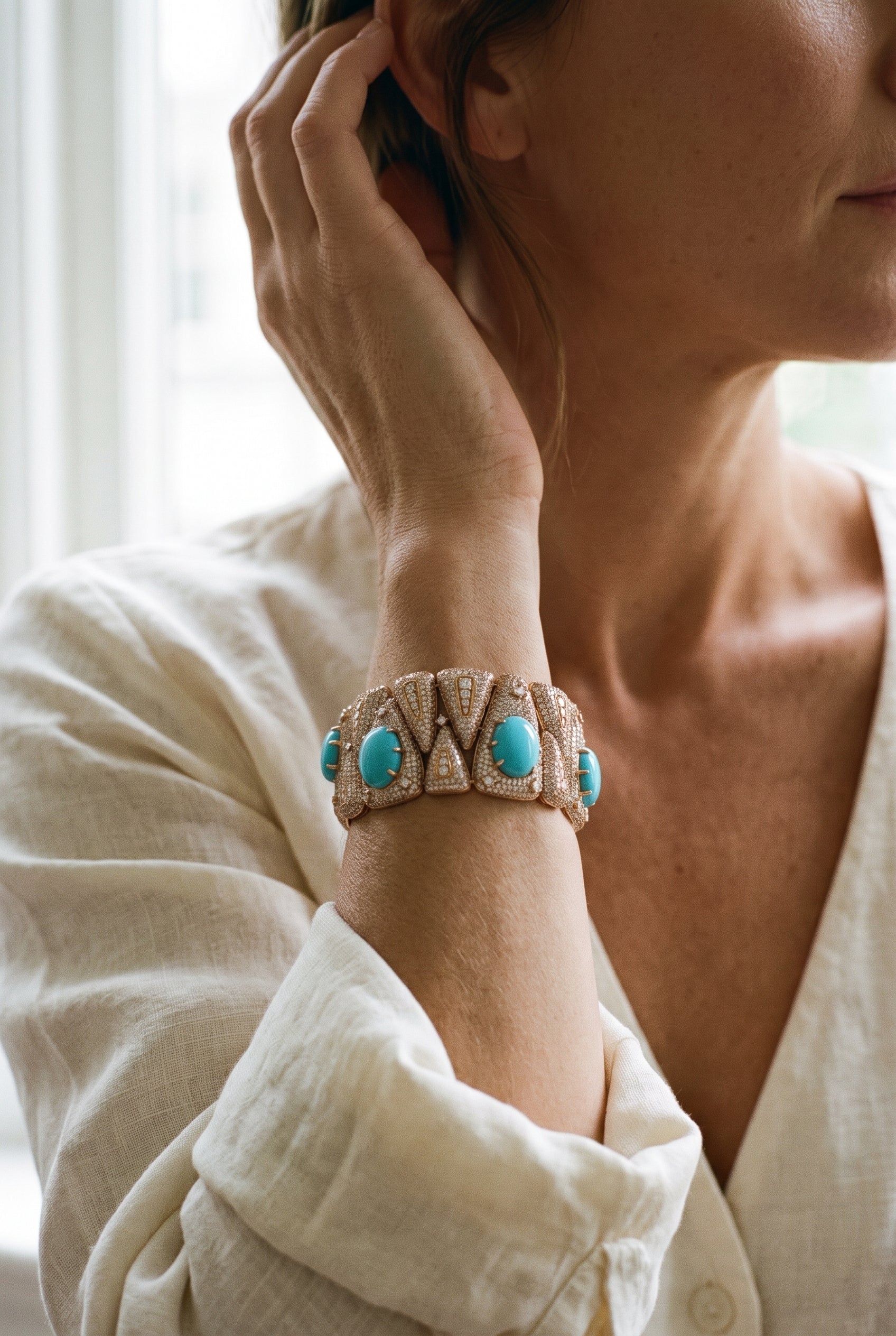 Rose Gold Triangular Link with Turquoise and Pave Diamond — shown worn, second view