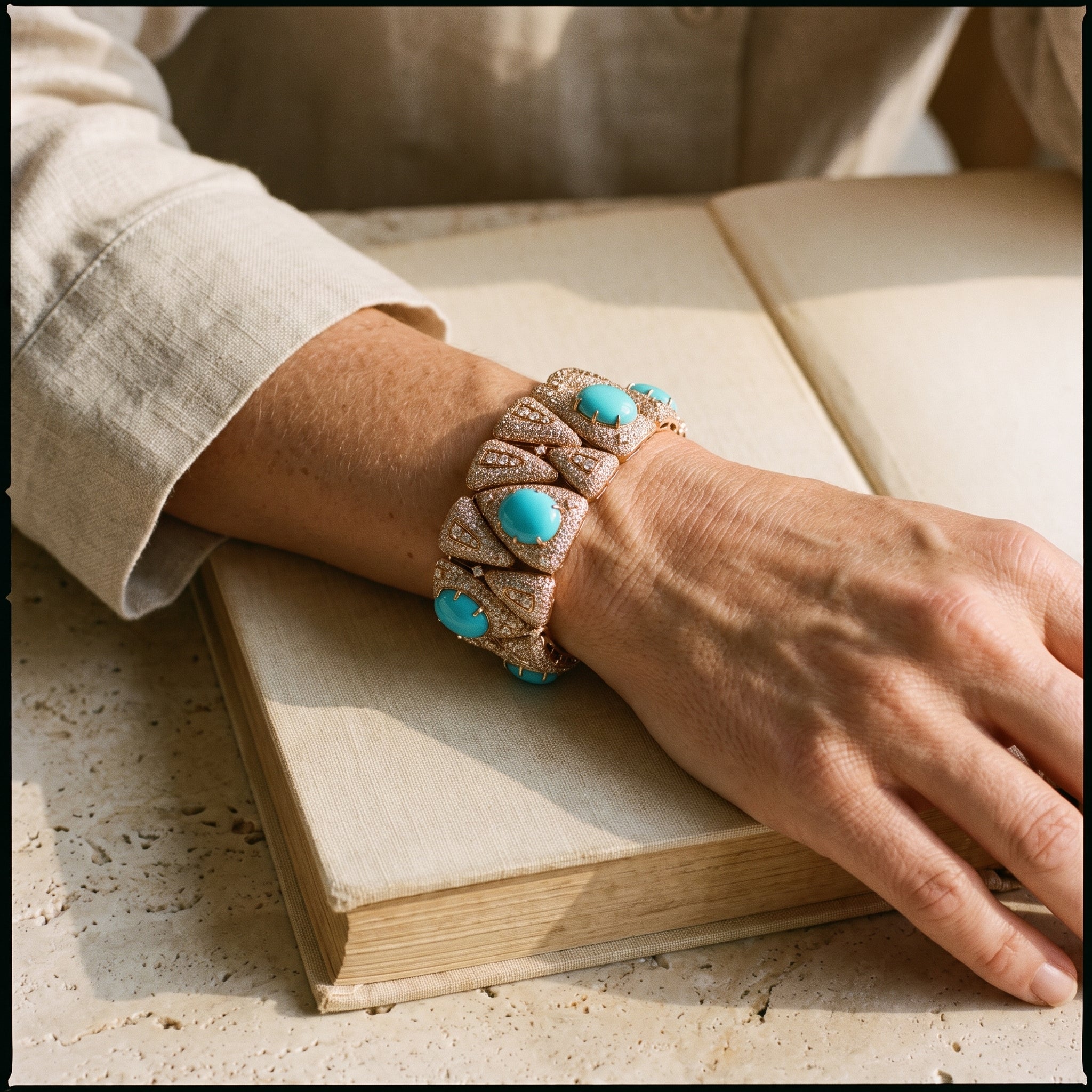 Rose Gold Triangular Link with Turquoise and Pave Diamond — shown worn