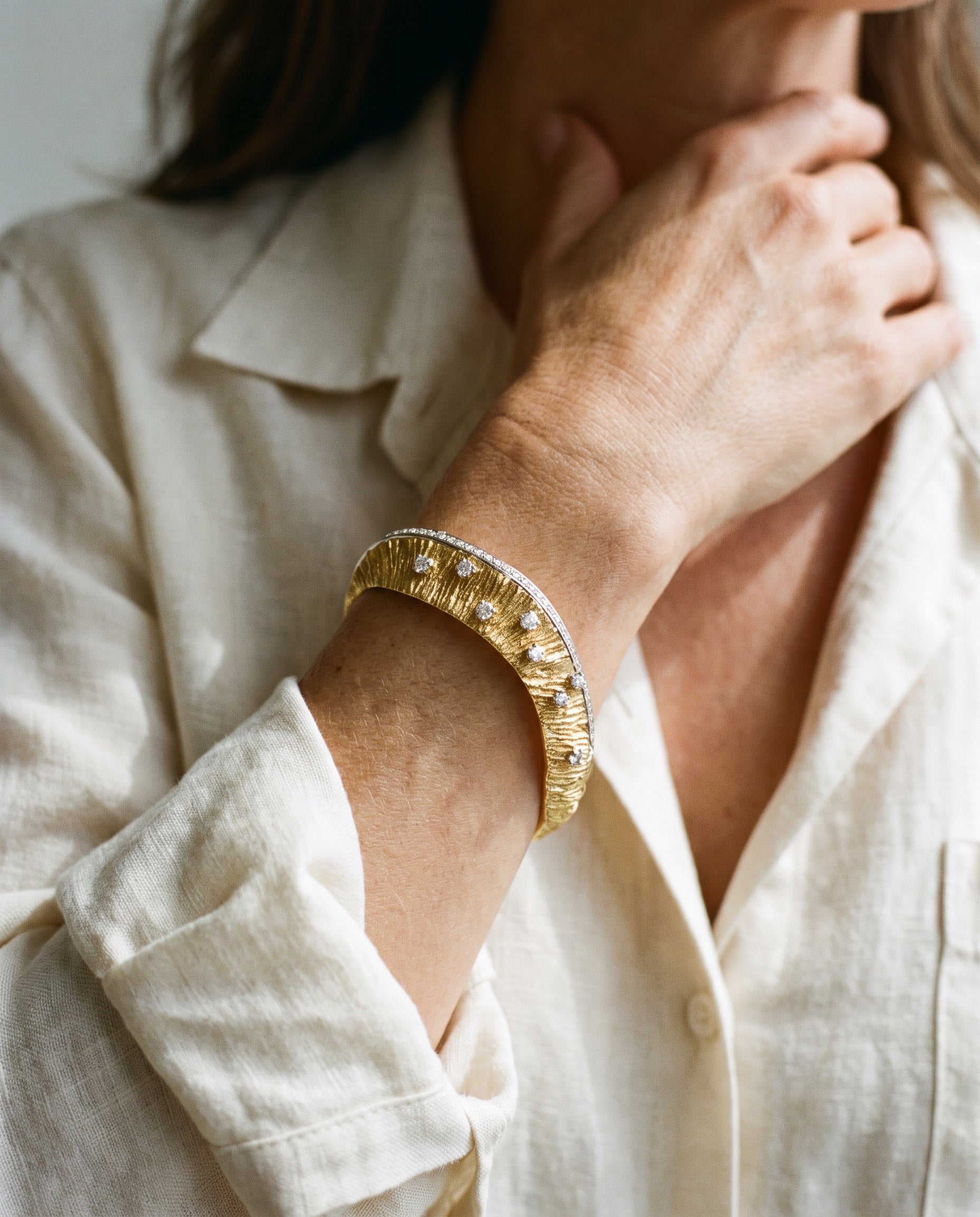 Gilbert Albert, Geneva Switzerland Yellow Gold Diamond Cuff Bracelet — shown worn, second view