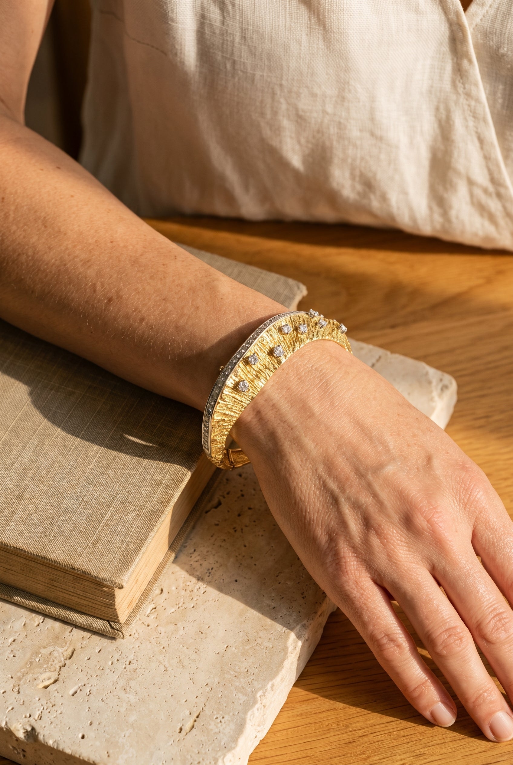 Gilbert Albert, Geneva Switzerland Yellow Gold Diamond Cuff Bracelet — shown worn