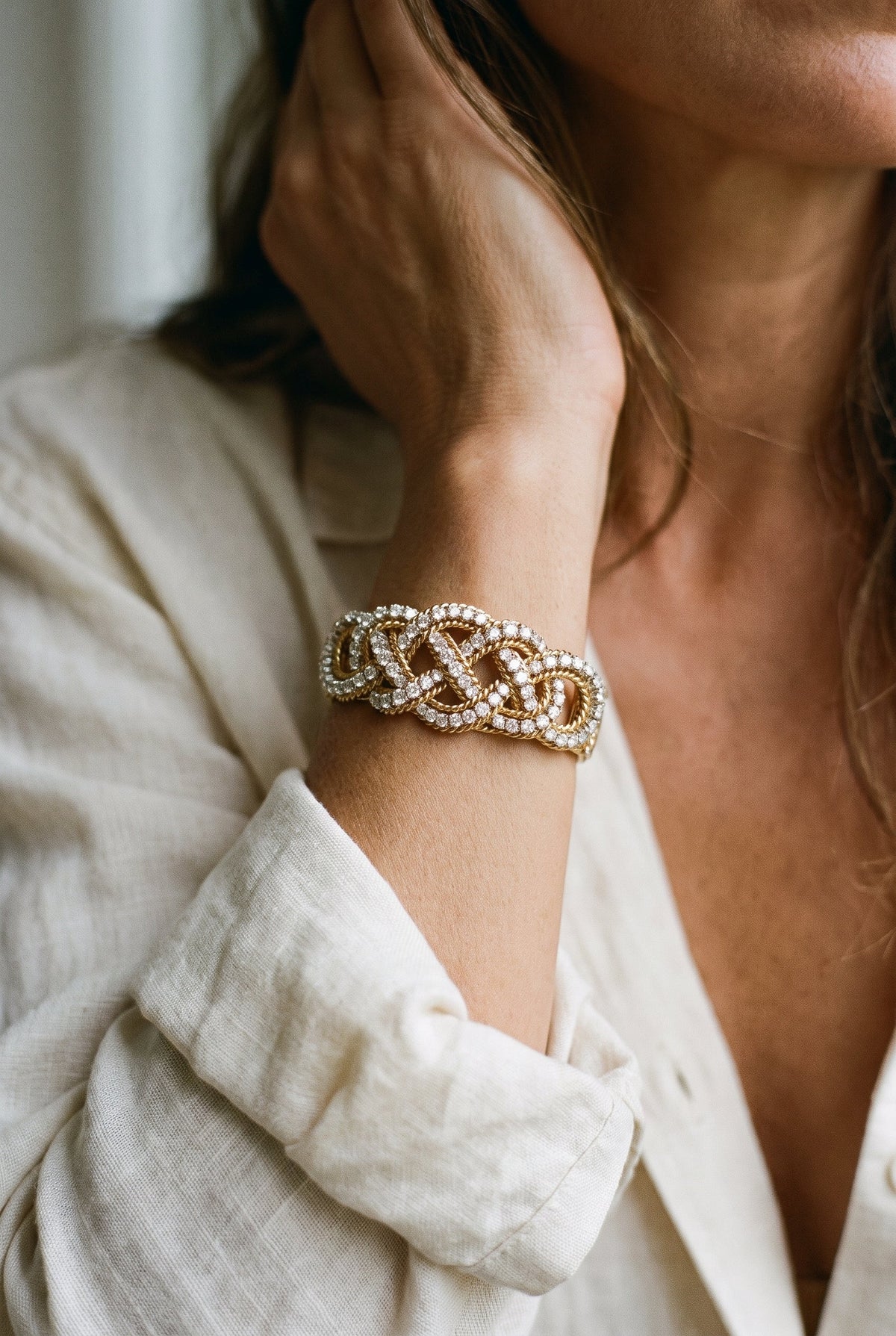 14k Yellow Gold Diamond Bangle Bracelet — shown worn, second view