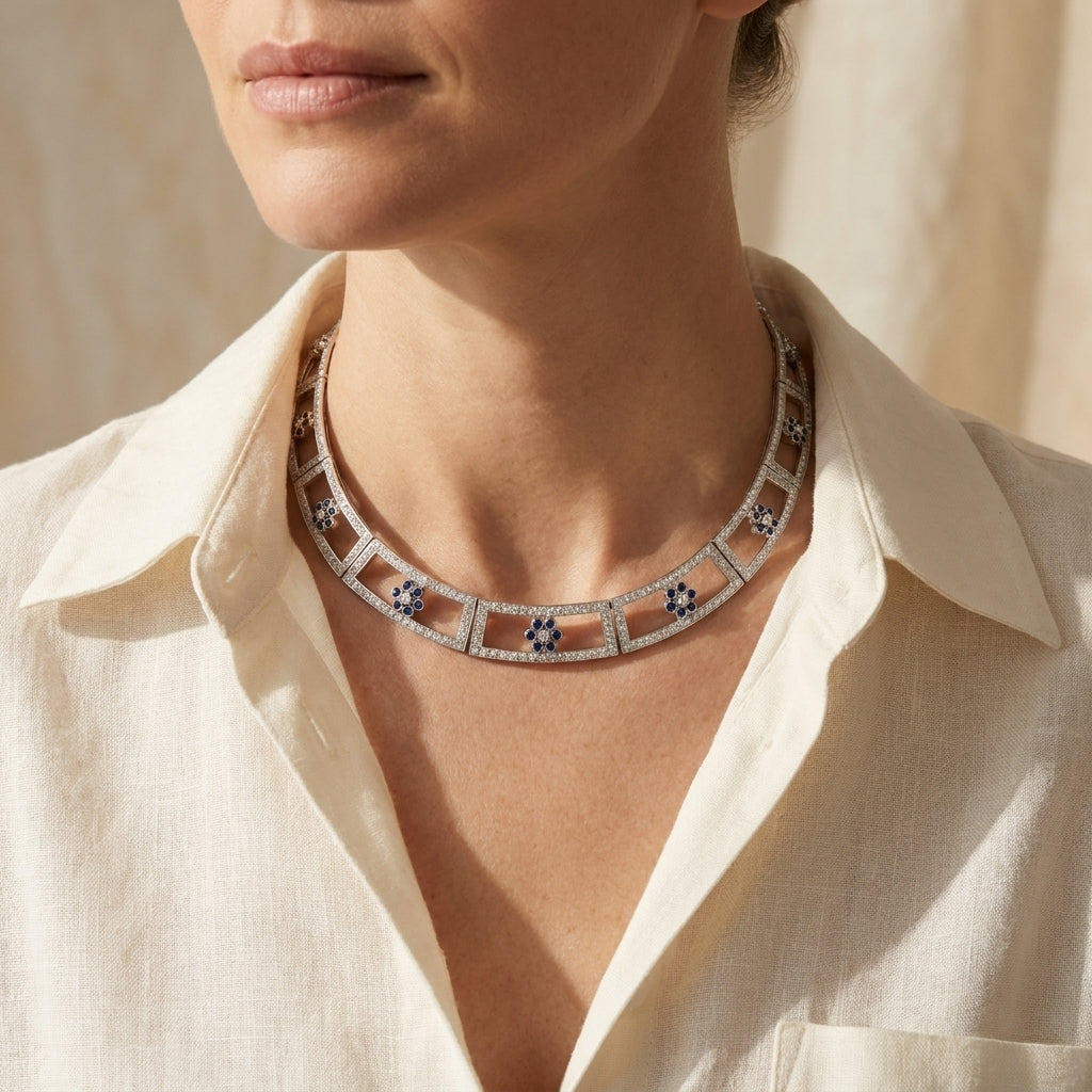 Platinum diamond and sapphire choker worn at an open linen collar, editorial lifestyle photo