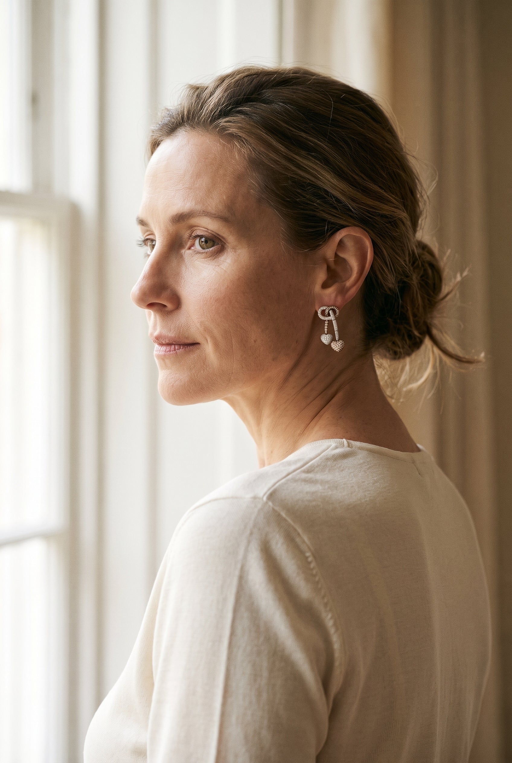 Two Tone Diamond Tassel Heart Earrings — shown worn, second view