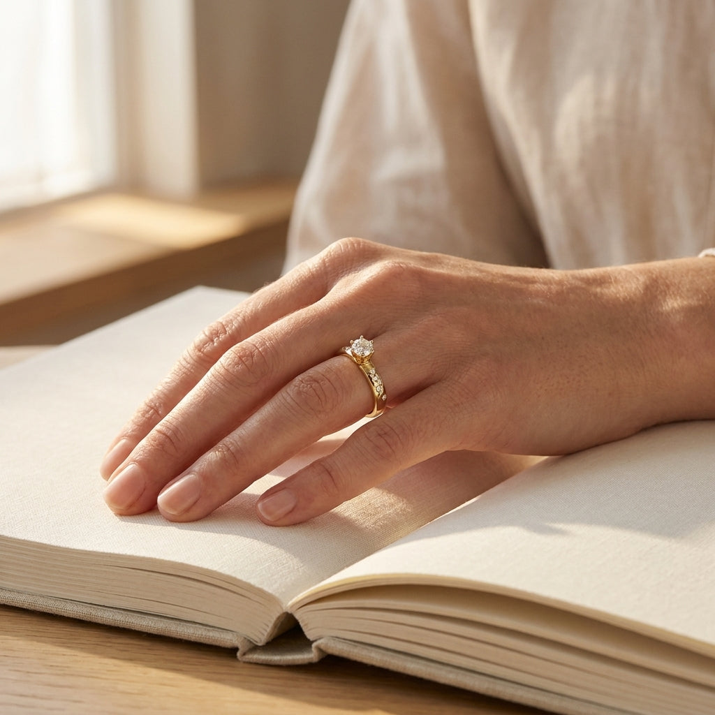 Yellow Gold Diamond Engagement Ring, 6 Prong Setting - editorial