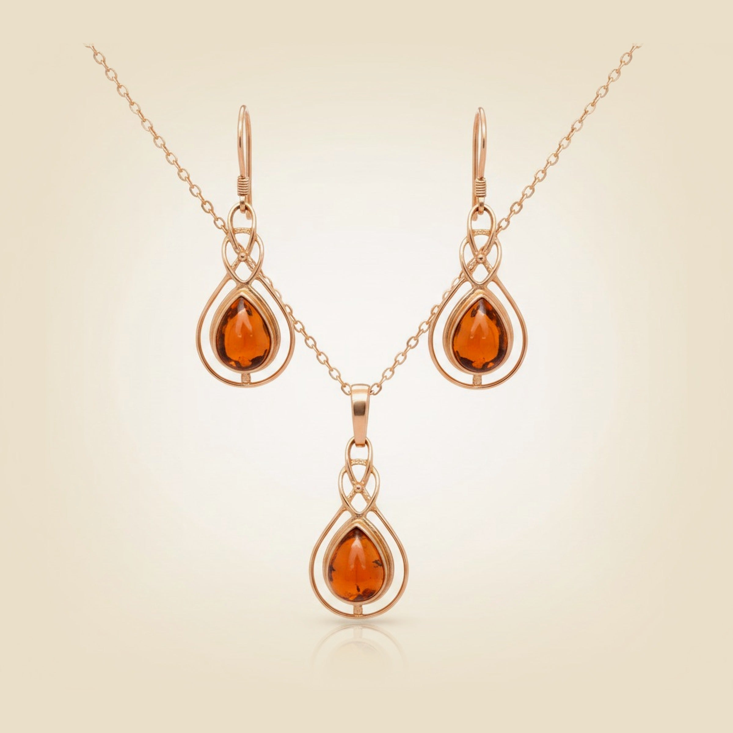 14k Rose Gold Amber Pendant & Earring Set